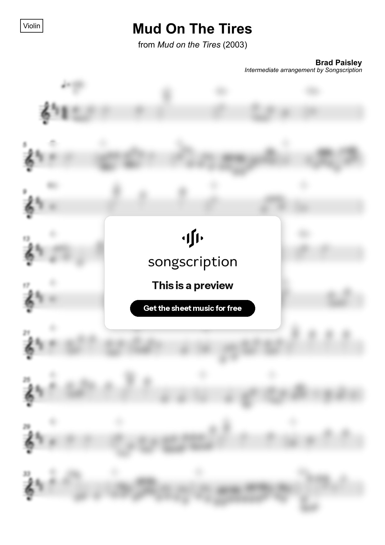 Intermediate Violin Sheet Music for "Mud On The Tires" by Brad Paisley