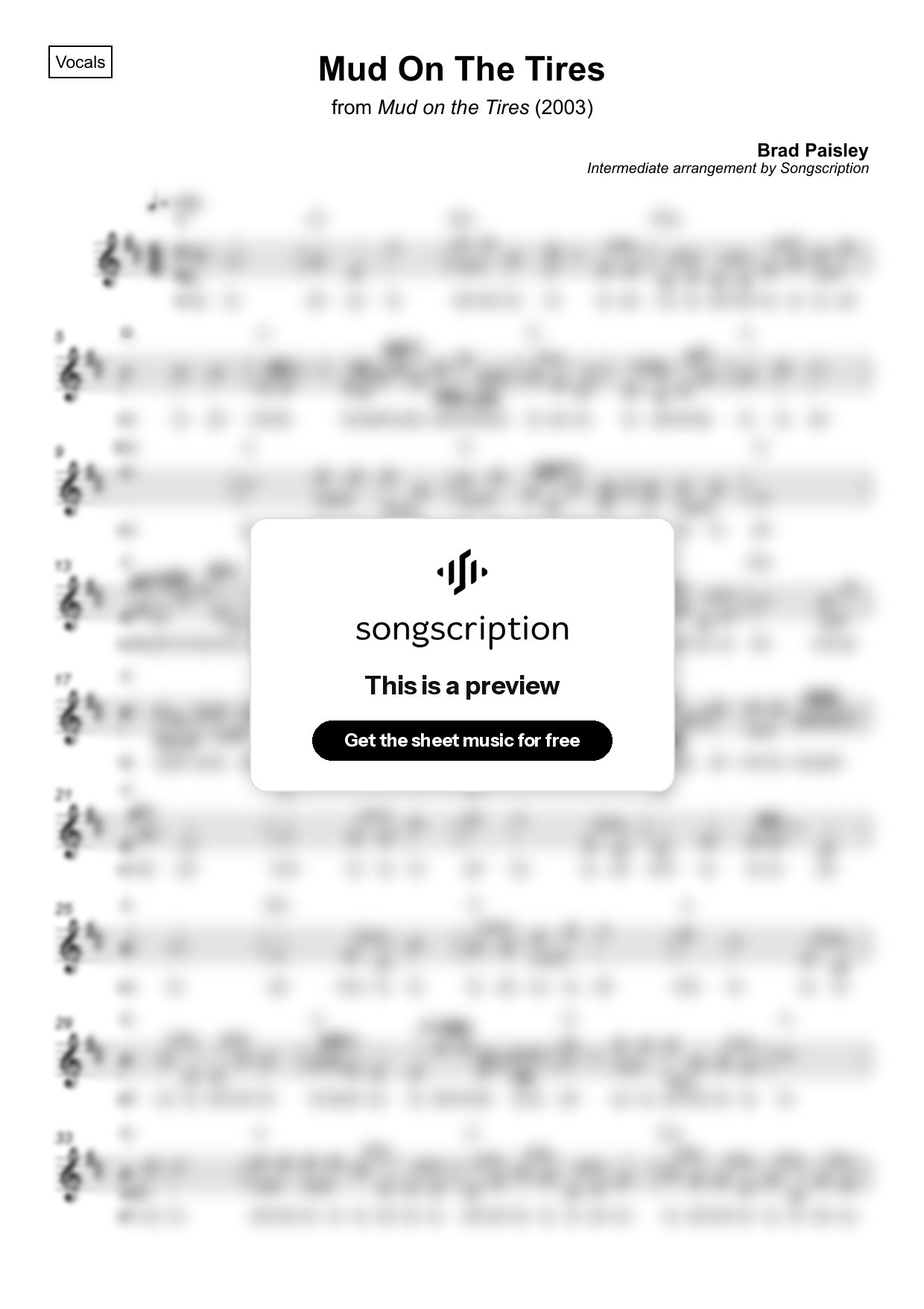 Intermediate Vocals Sheet Music for "Mud On The Tires" by Brad Paisley