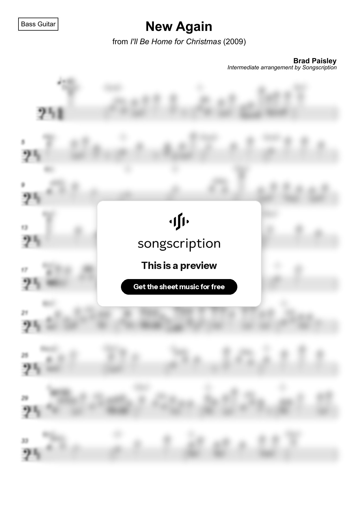 Intermediate Bass Guitar Sheet Music for "New Again" by Brad Paisley
