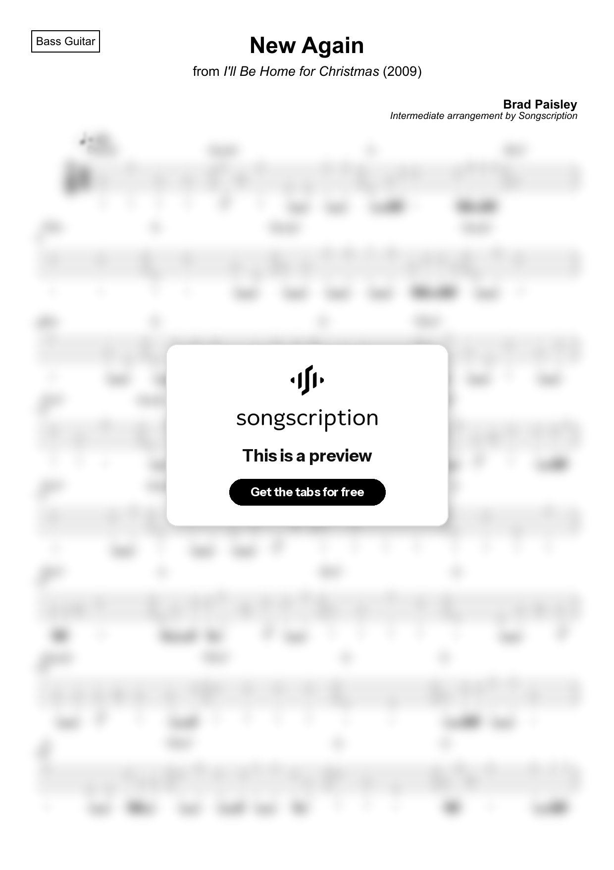 Intermediate Bass Guitar Tabs for "New Again" by Brad Paisley