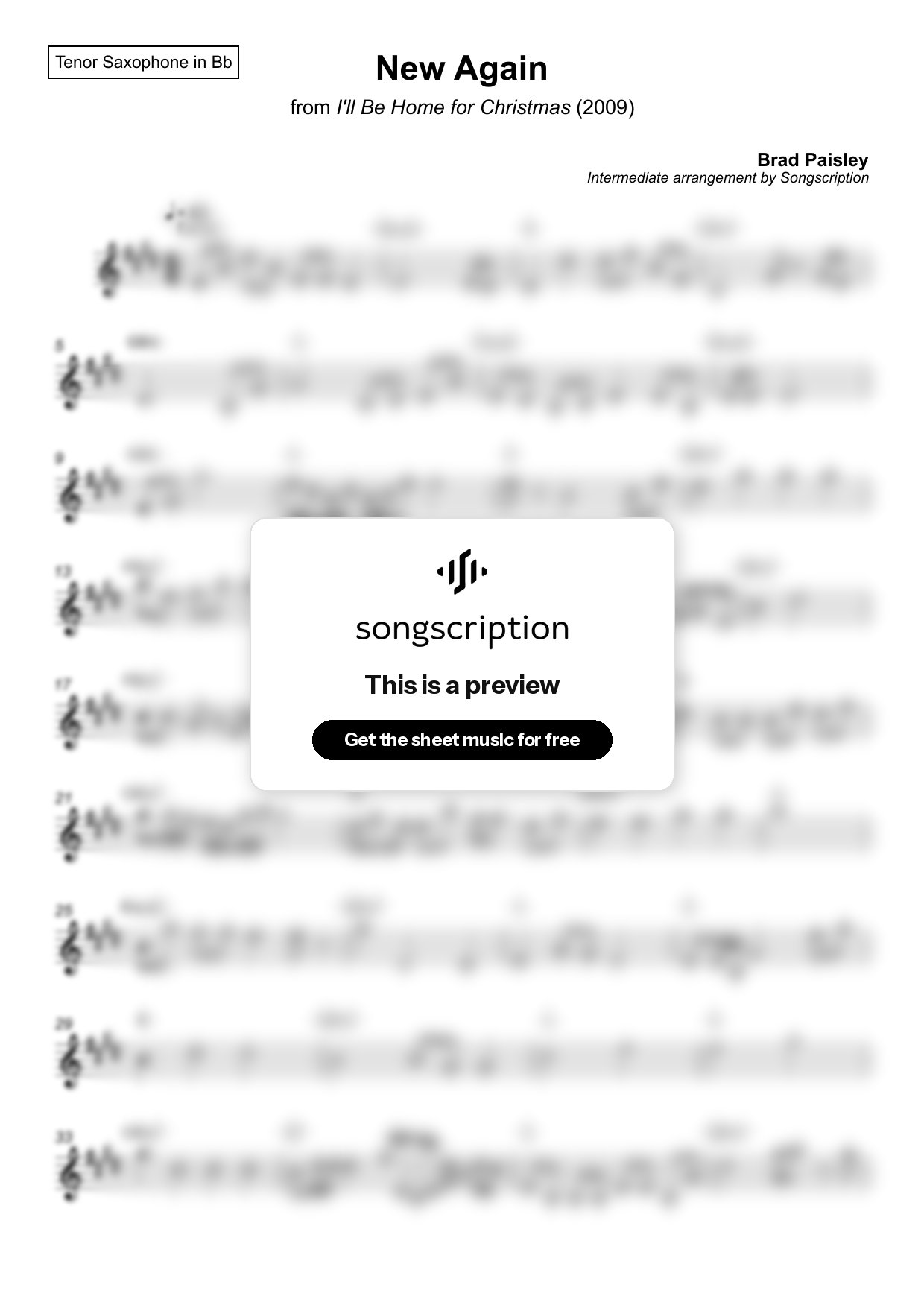 Intermediate Tenor Sax Sheet Music for "New Again" by Brad Paisley