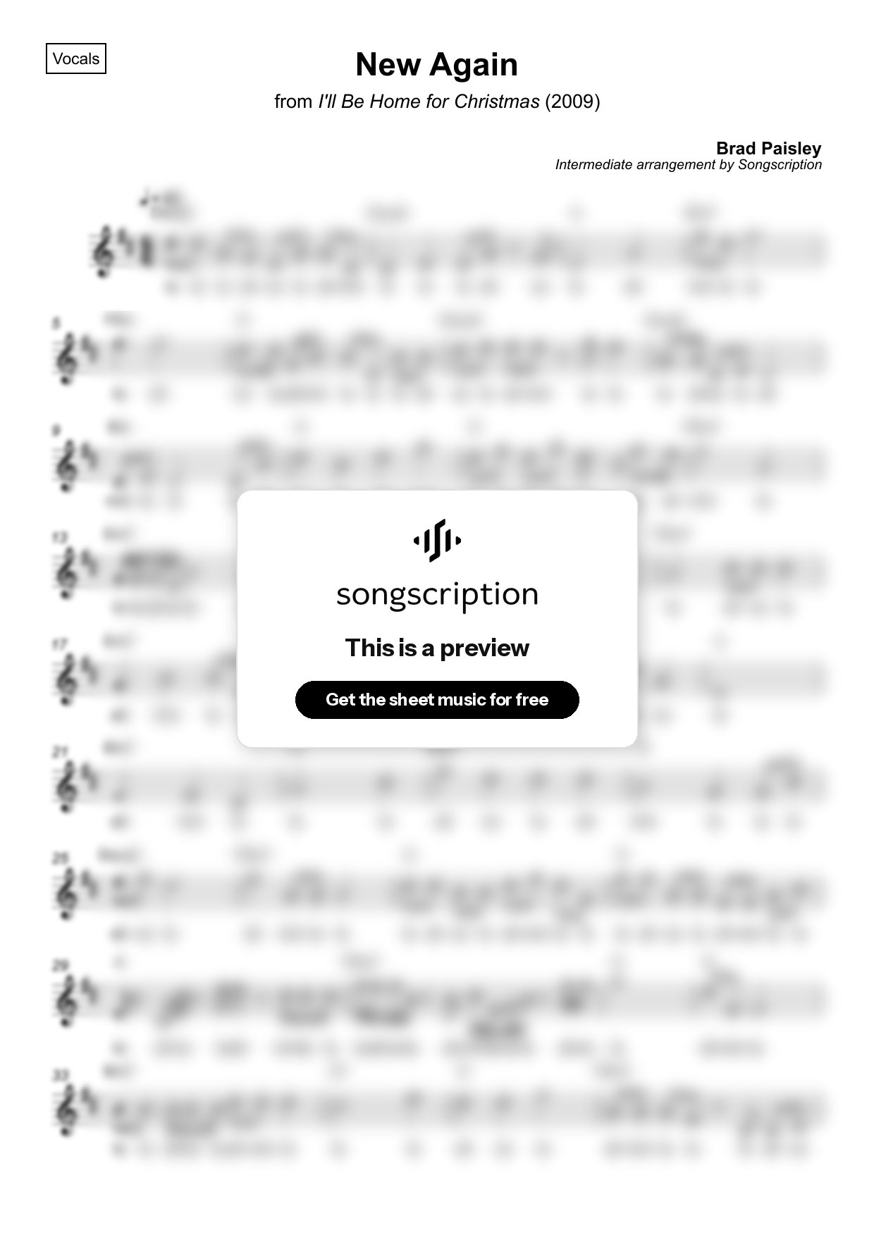 Intermediate Vocals Sheet Music for "New Again" by Brad Paisley