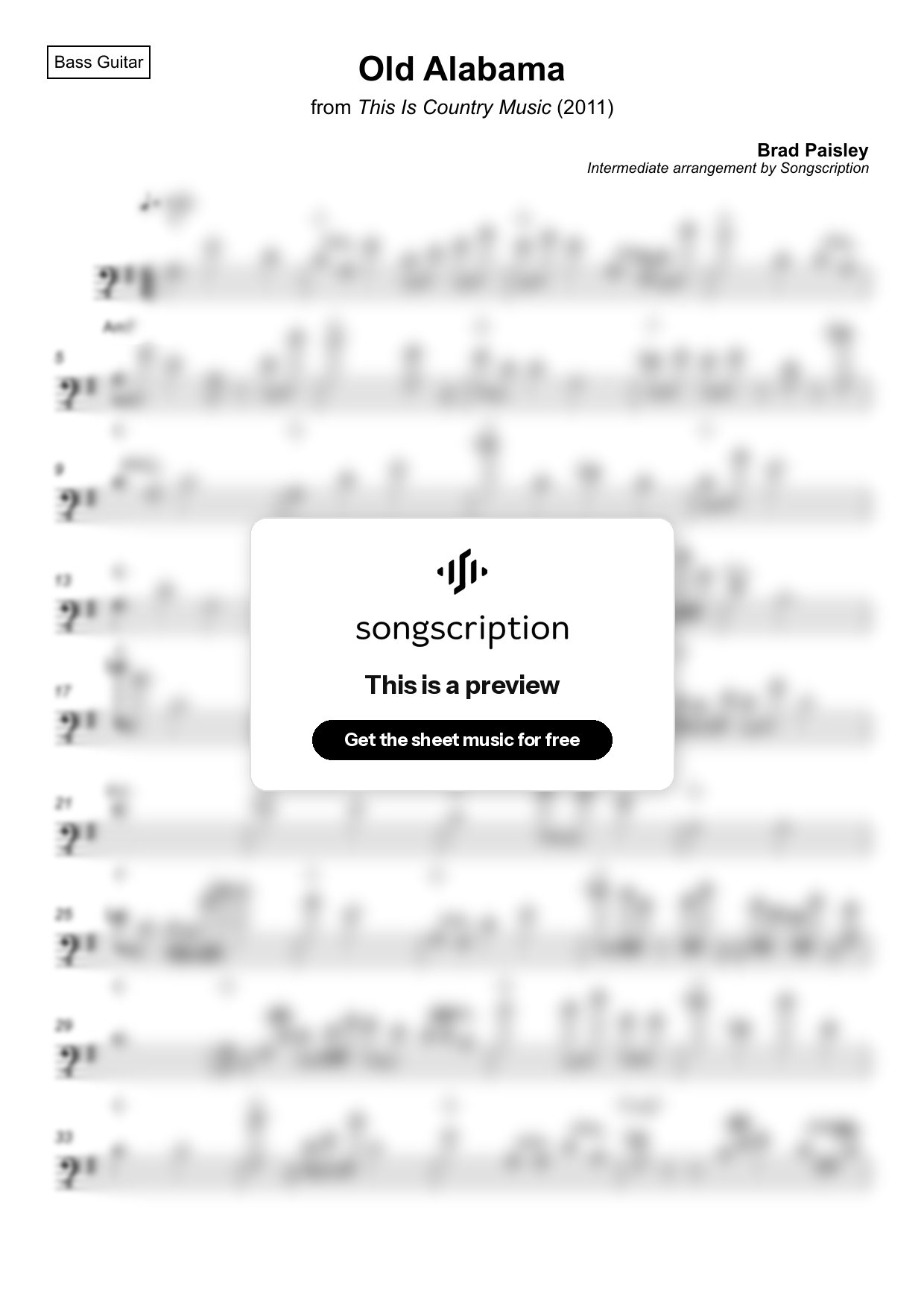 Intermediate Bass Guitar Sheet Music for "Old Alabama" by Brad Paisley