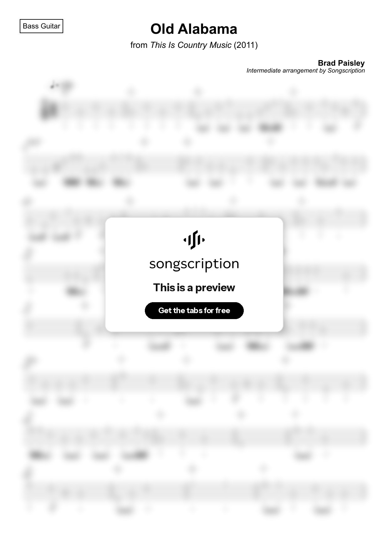 Intermediate Bass Guitar Tabs for "Old Alabama" by Brad Paisley