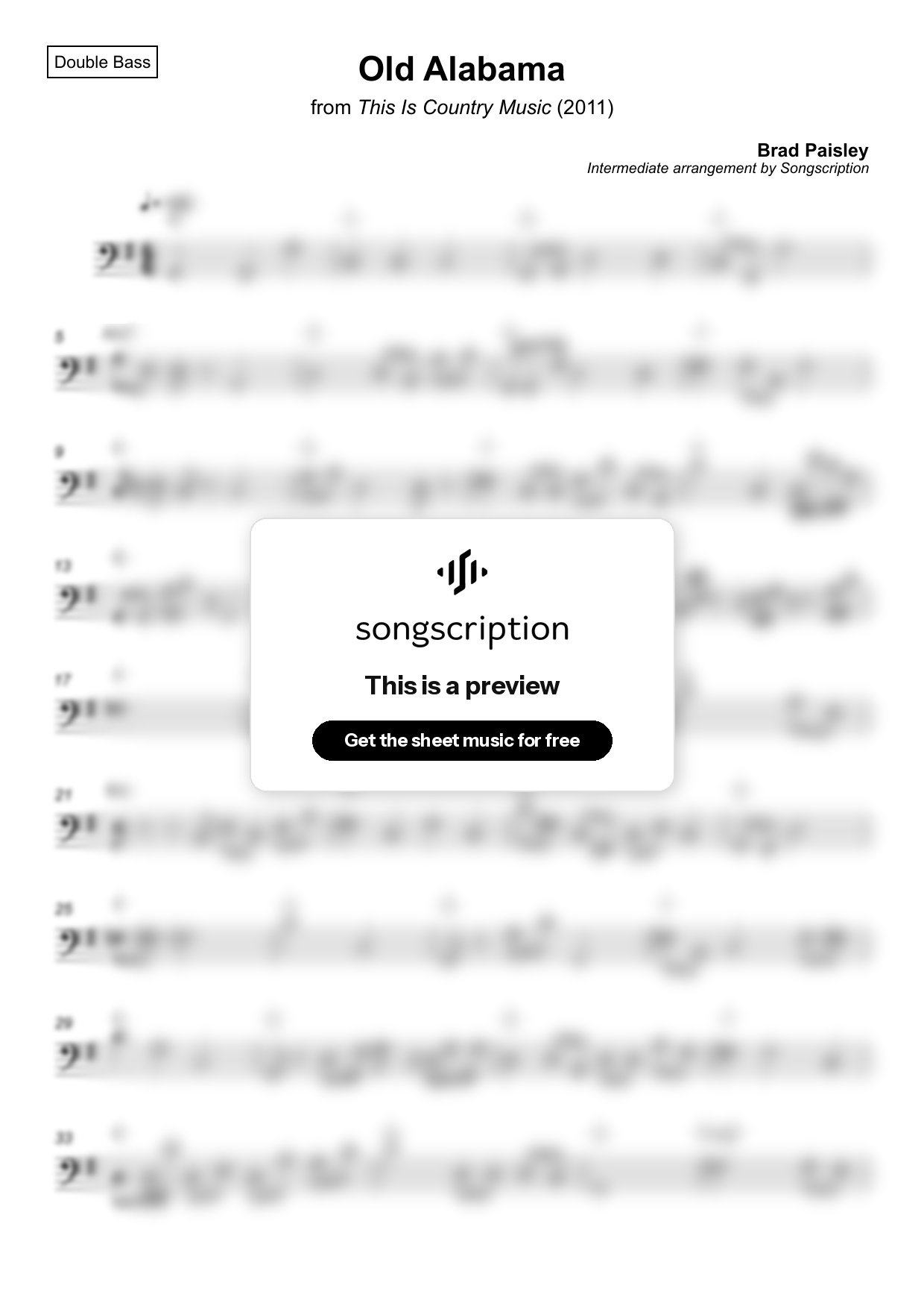 Intermediate Double Bass Sheet Music for "Old Alabama" by Brad Paisley