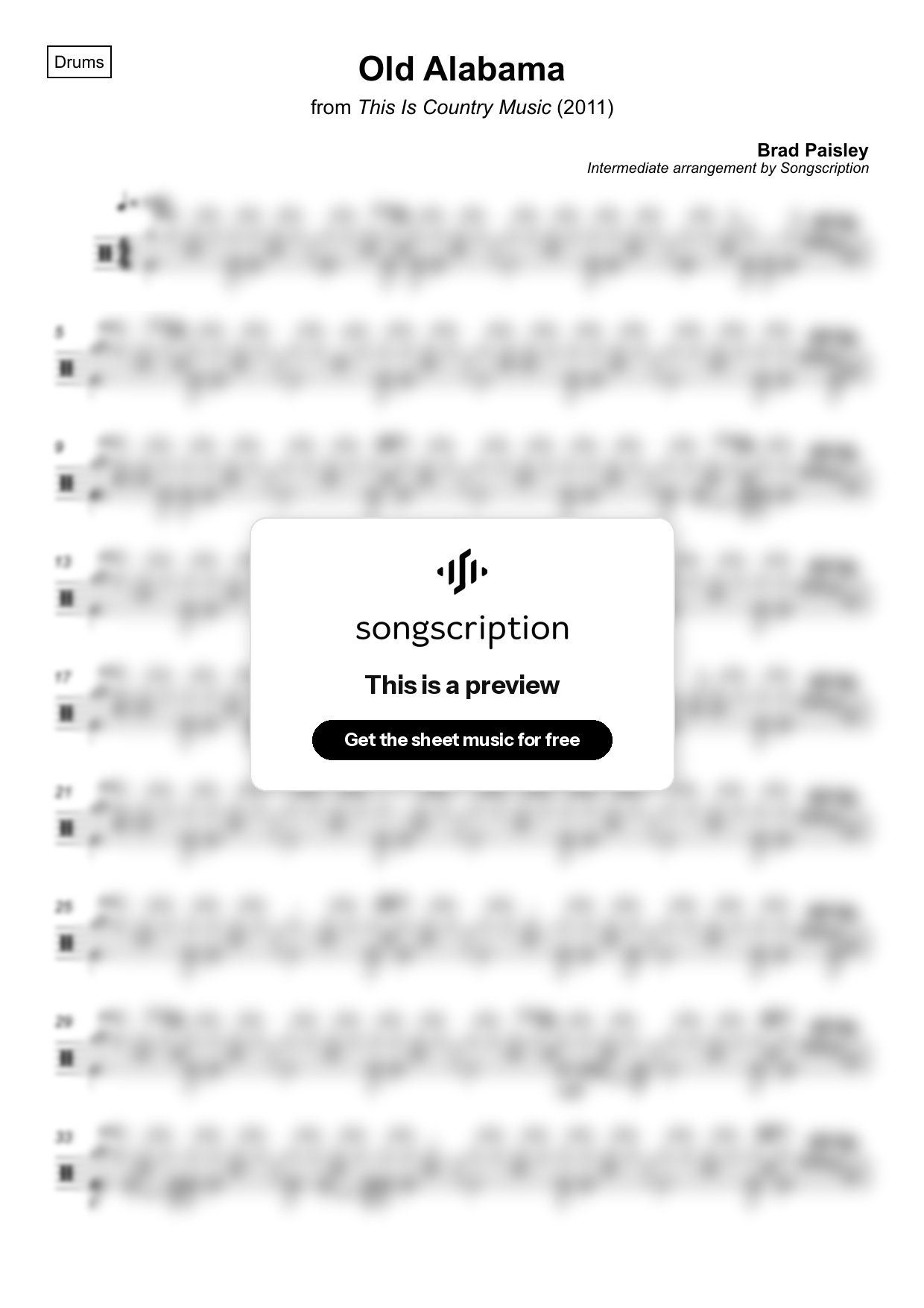 Intermediate Drums Sheet Music for "Old Alabama" by Brad Paisley