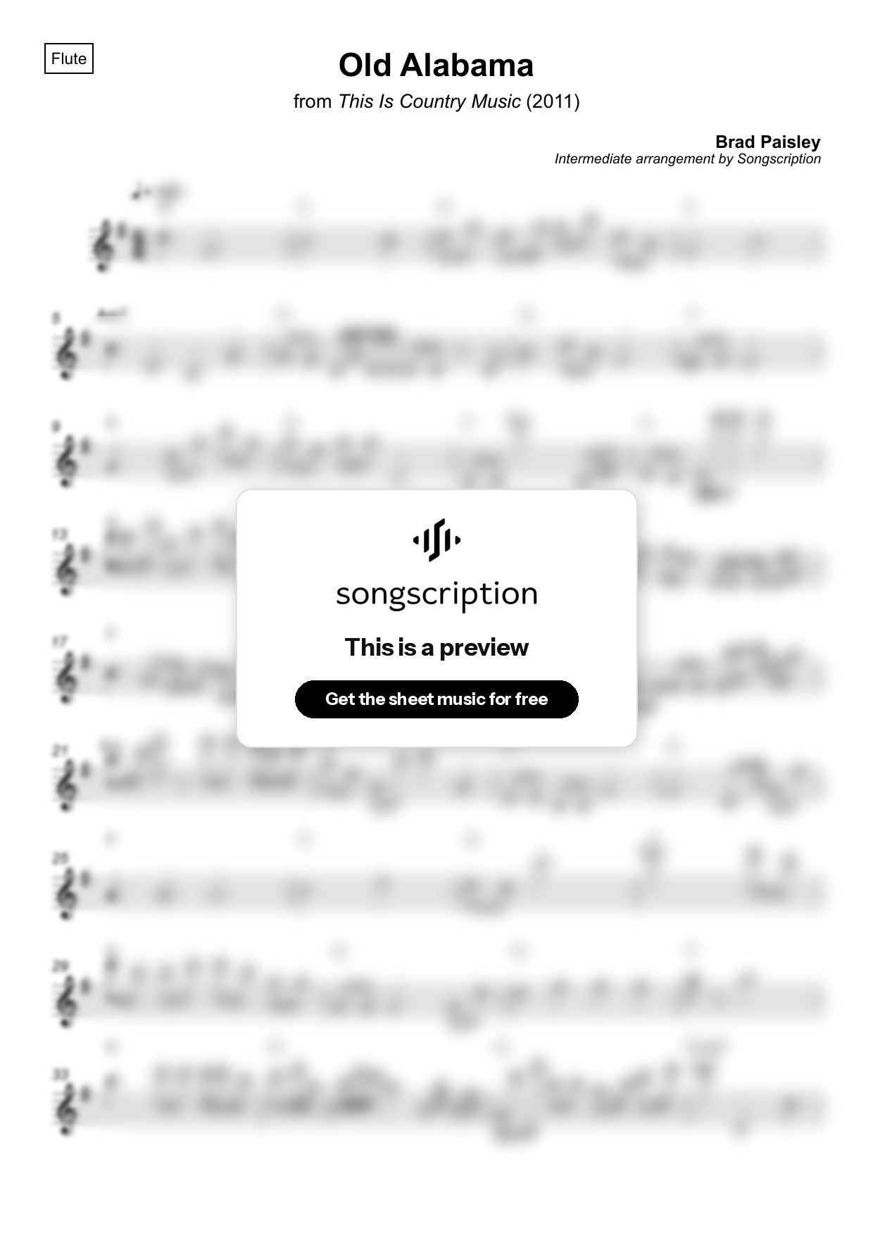 Intermediate Flute Sheet Music for "Old Alabama" by Brad Paisley