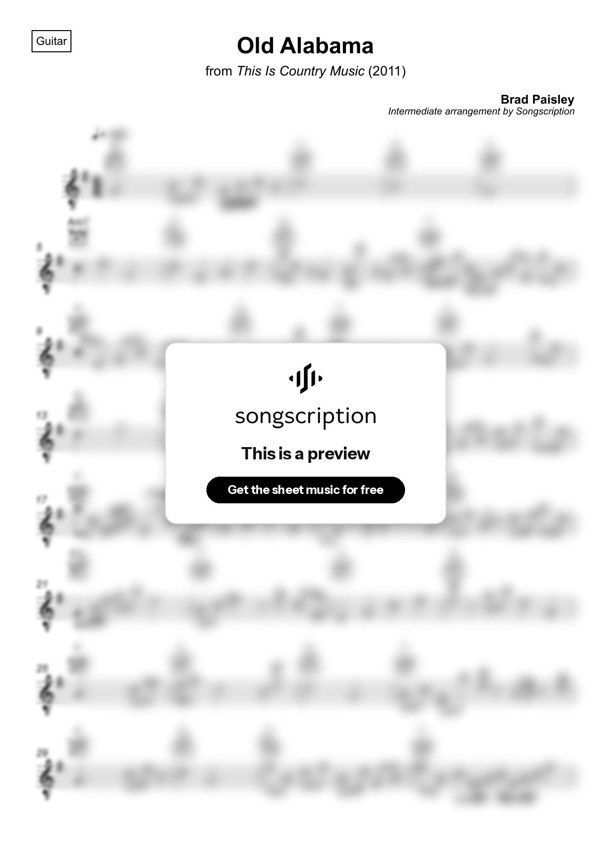 Intermediate Acoustic Guitar Sheet Music for "Old Alabama" by Brad Paisley