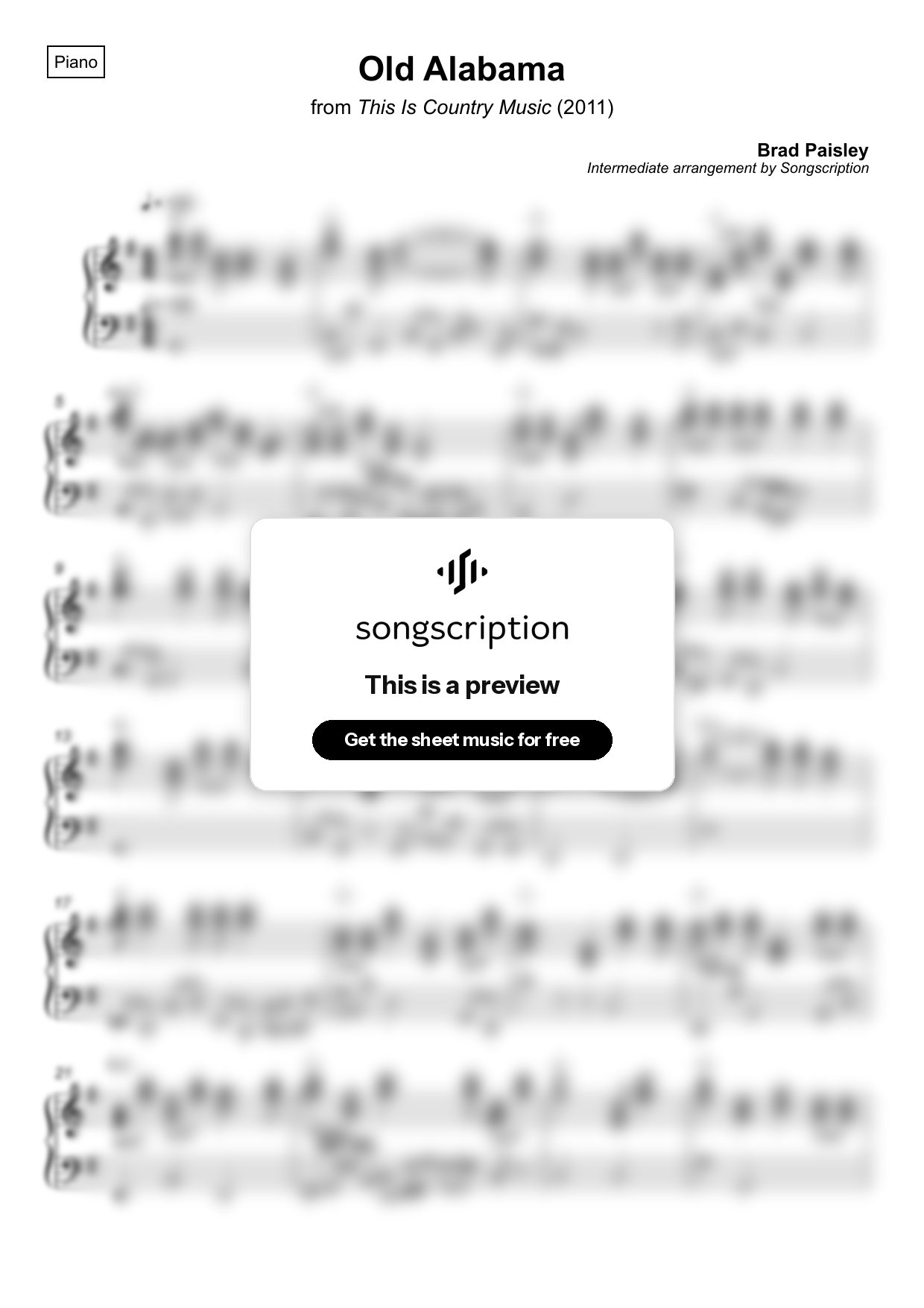 Intermediate Piano Sheet Music for "Old Alabama" by Brad Paisley