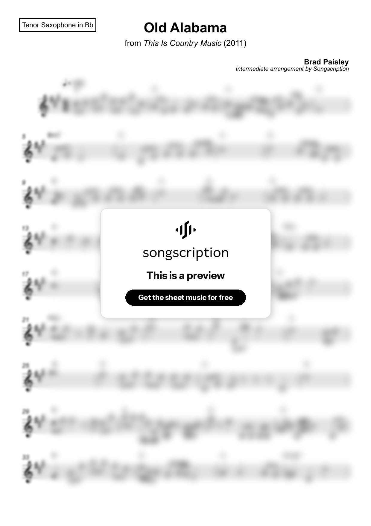 Intermediate Tenor Sax Sheet Music for "Old Alabama" by Brad Paisley