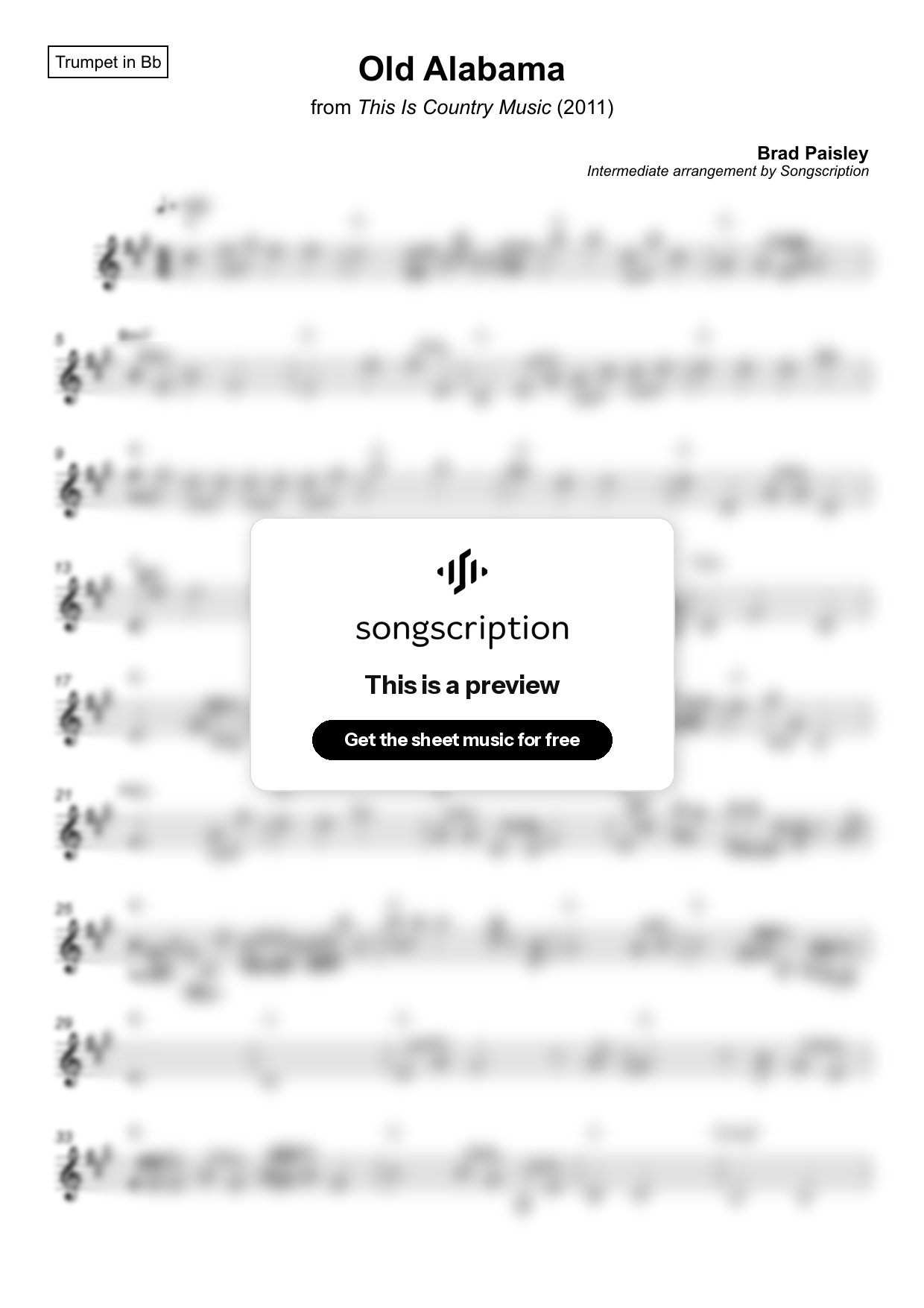 Intermediate Trumpet Sheet Music for "Old Alabama" by Brad Paisley