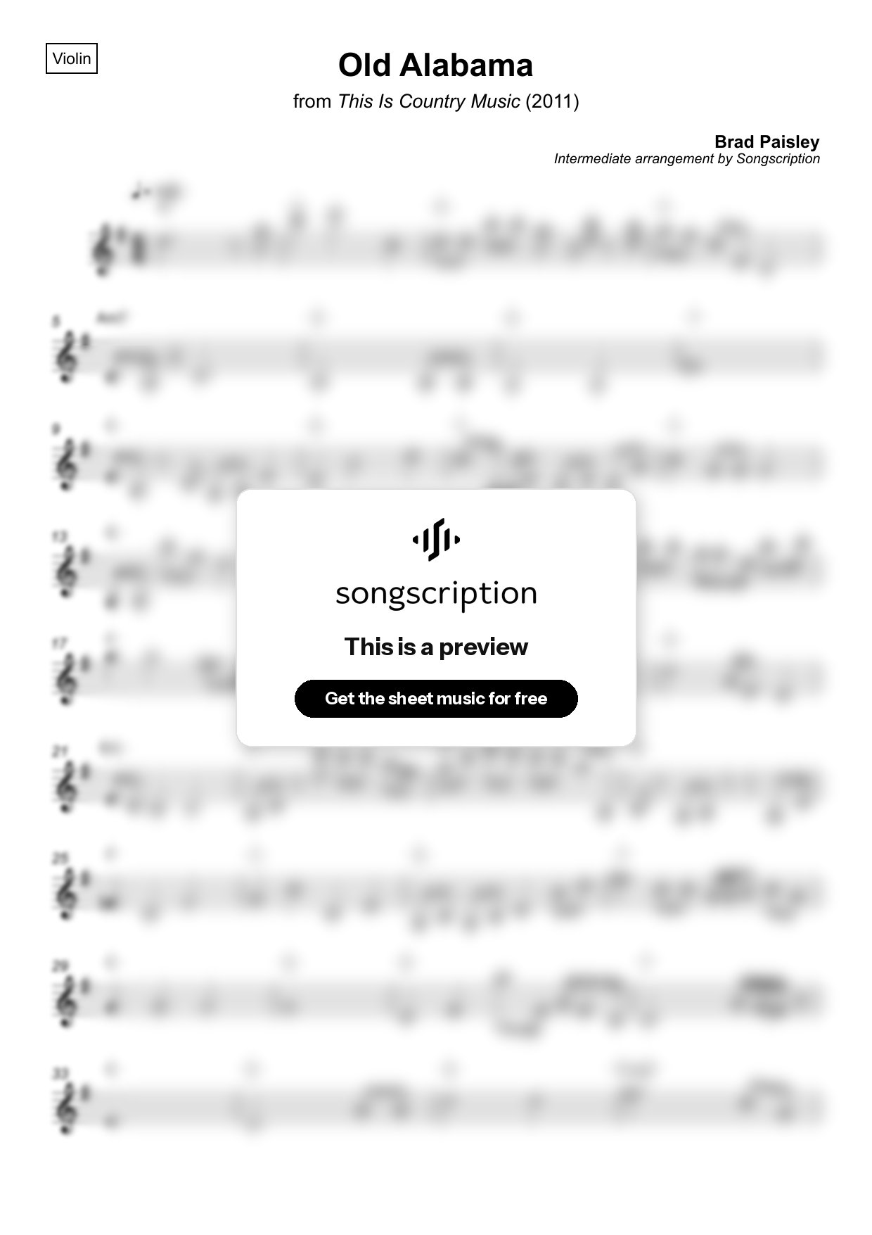 Intermediate Violin Sheet Music for "Old Alabama" by Brad Paisley