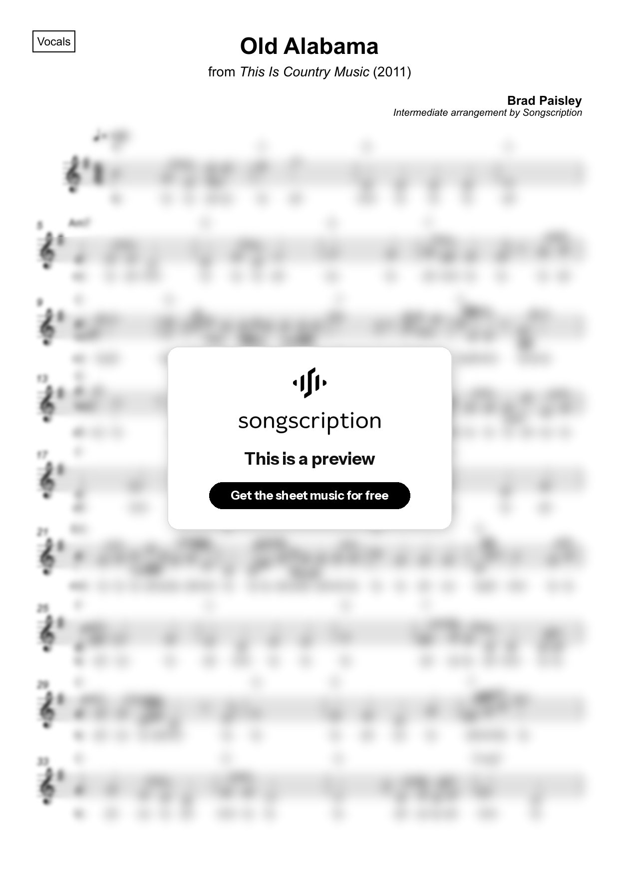 Intermediate Vocals Sheet Music for "Old Alabama" by Brad Paisley