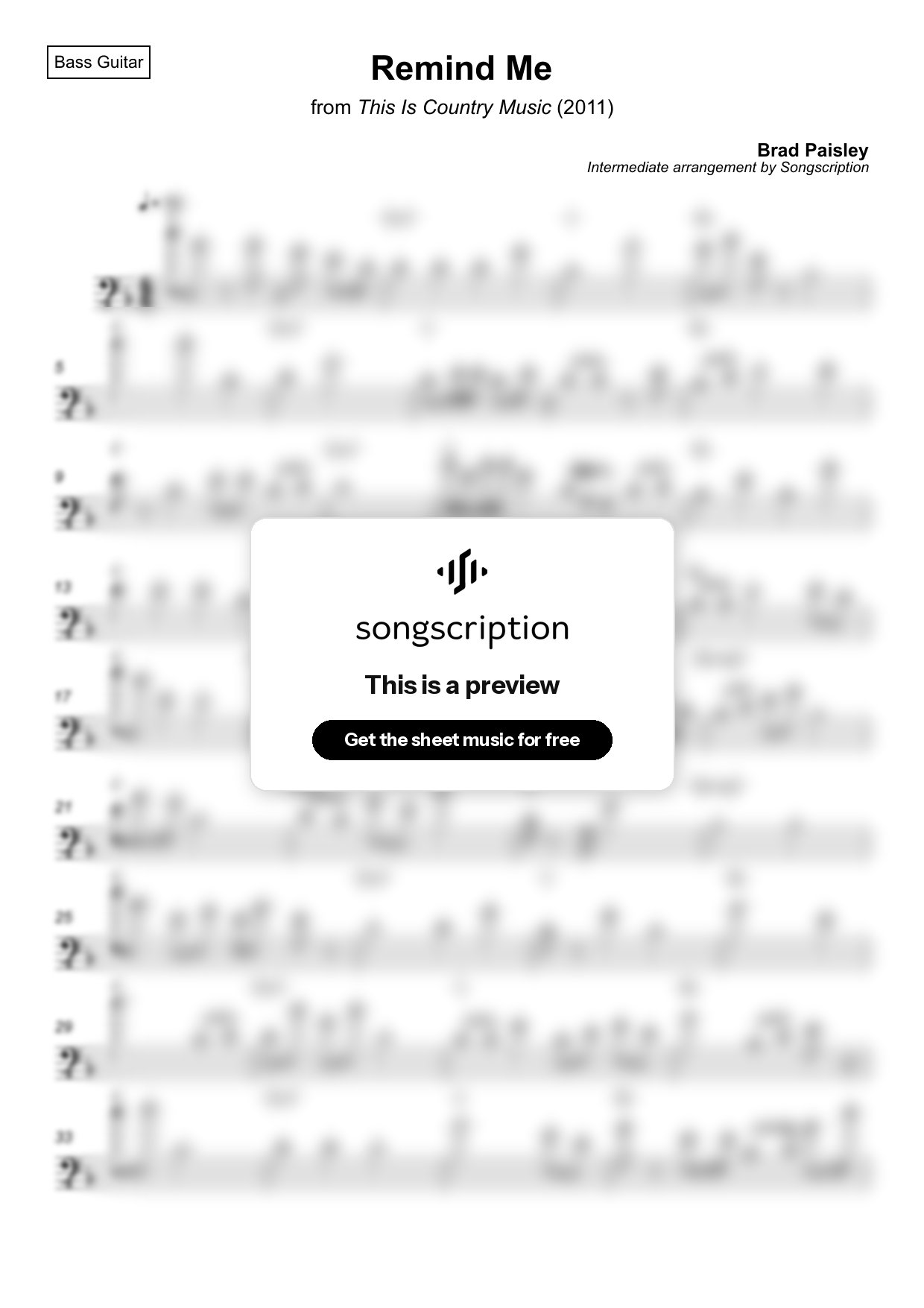 Intermediate Bass Guitar Sheet Music for "Remind Me" by Brad Paisley