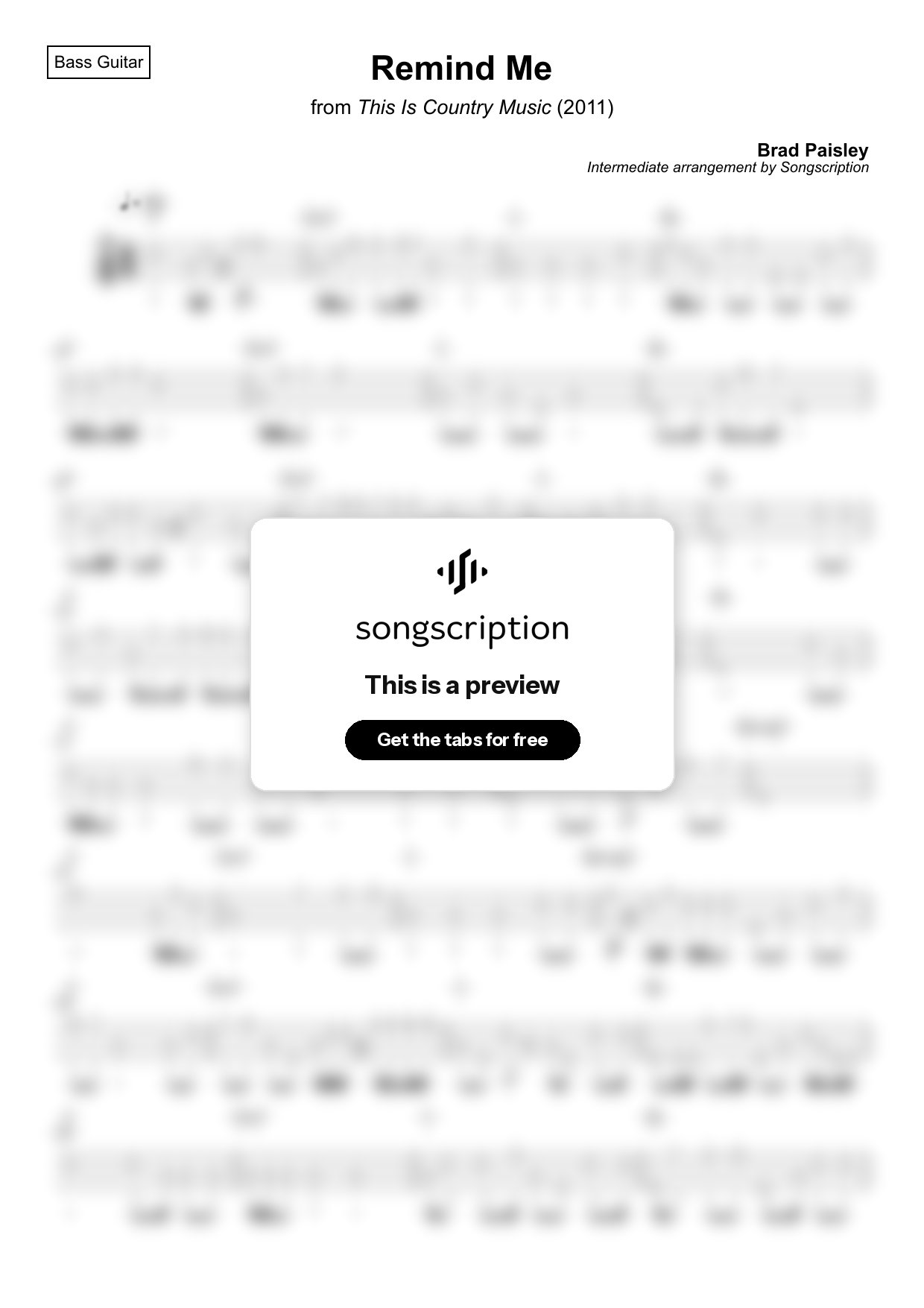 Intermediate Bass Guitar Tabs for "Remind Me" by Brad Paisley