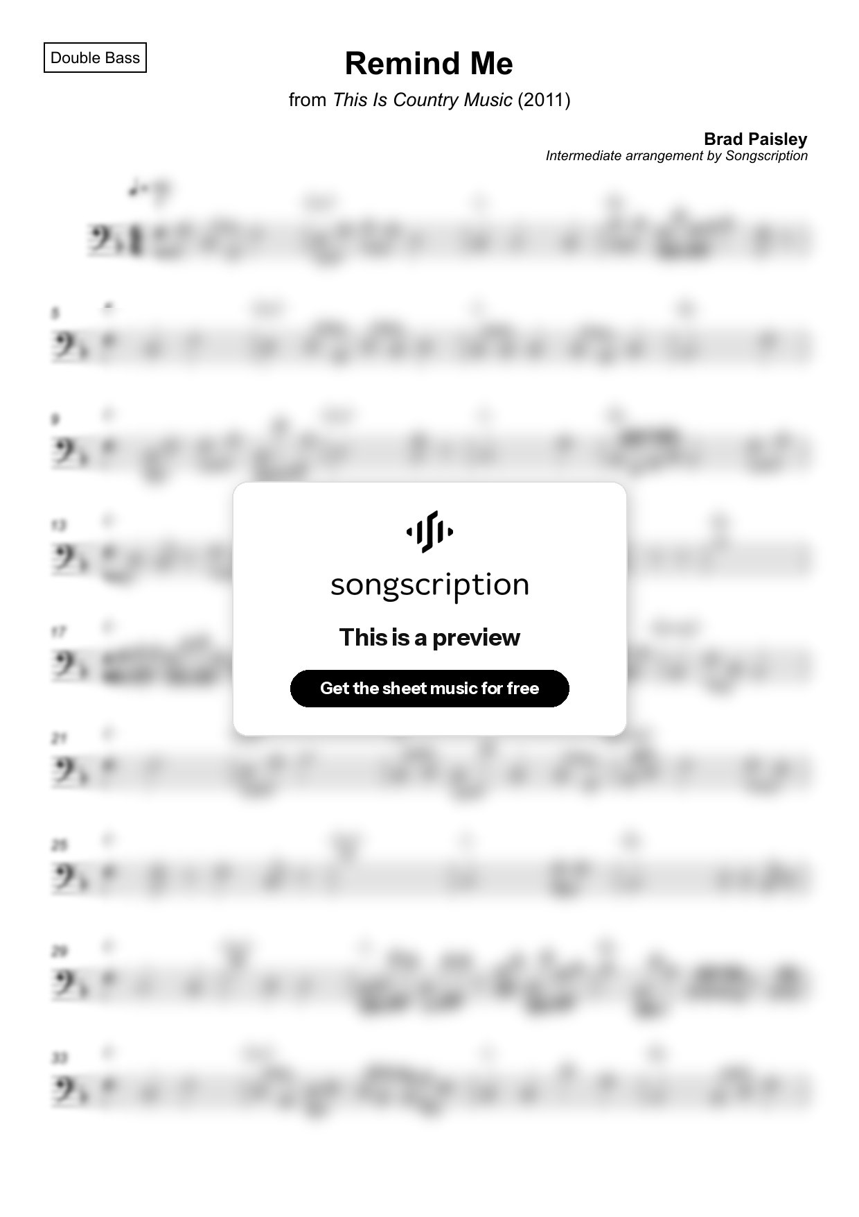 Intermediate Double Bass Sheet Music for "Remind Me" by Brad Paisley