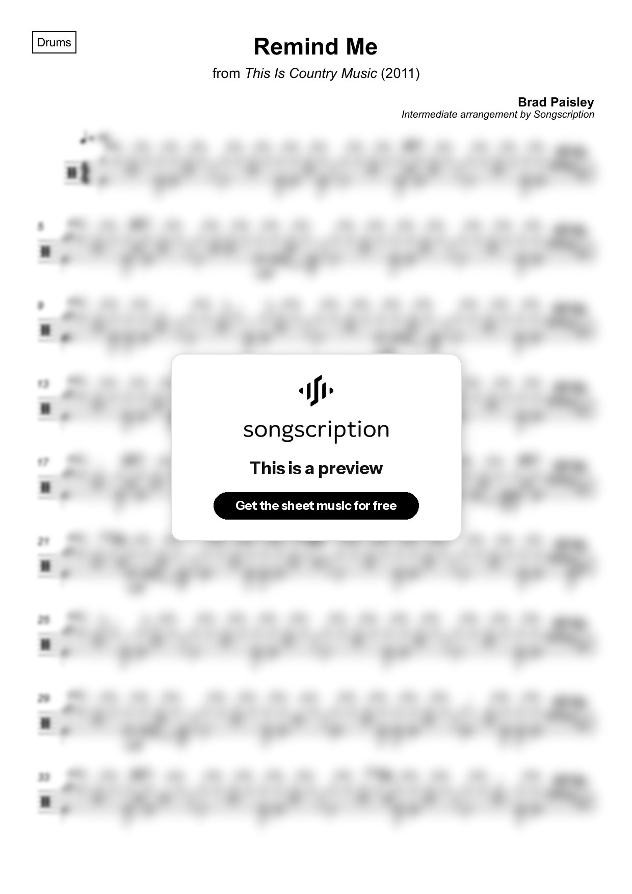 Intermediate Drums Sheet Music for "Remind Me" by Brad Paisley