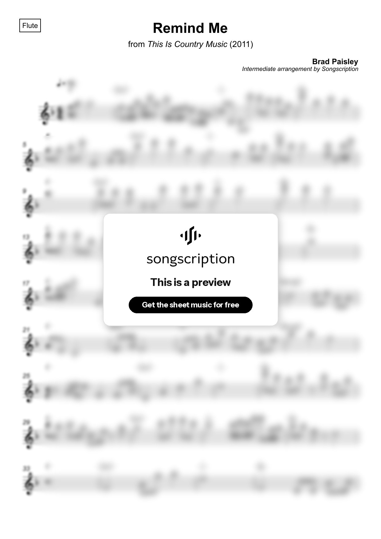Intermediate Flute Sheet Music for "Remind Me" by Brad Paisley