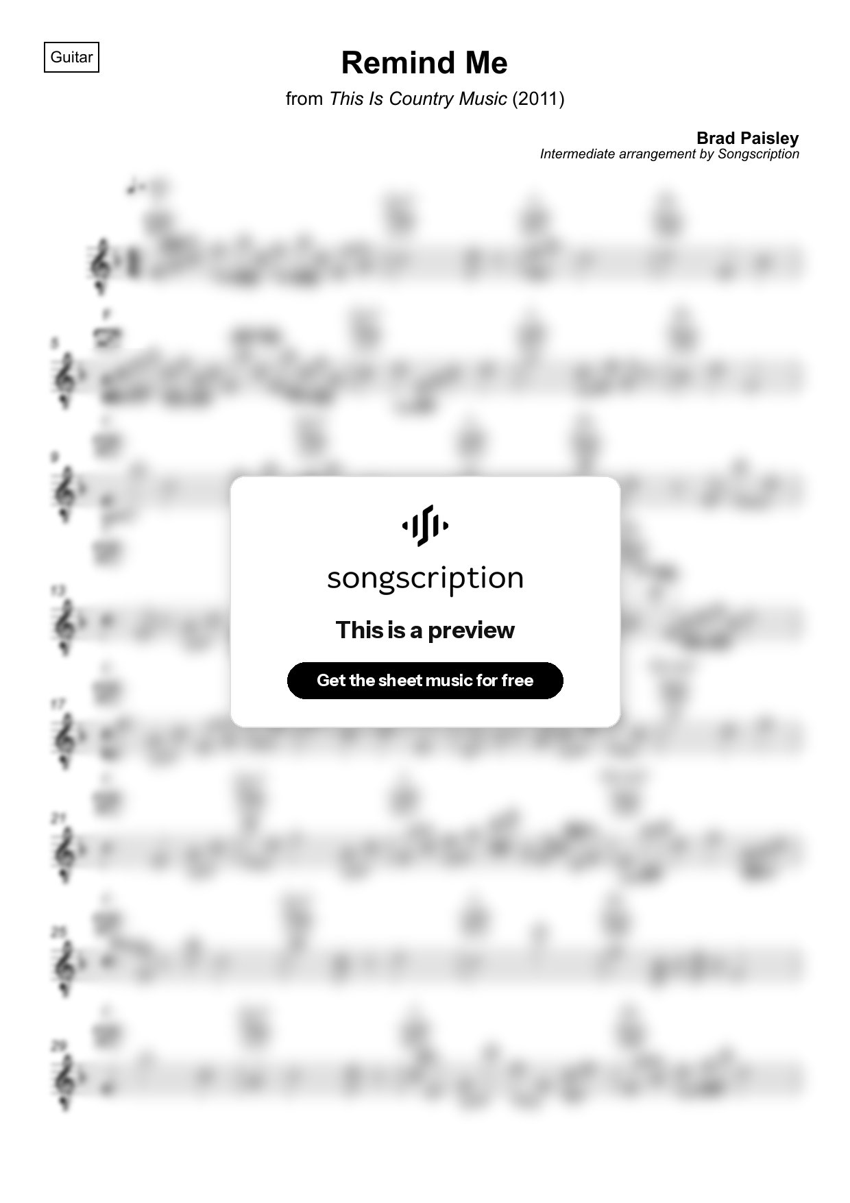 Intermediate Acoustic Guitar Sheet Music for "Remind Me" by Brad Paisley