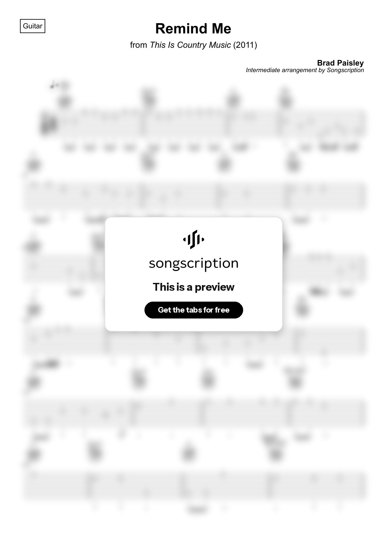 Intermediate Acoustic Guitar Tabs for "Remind Me" by Brad Paisley