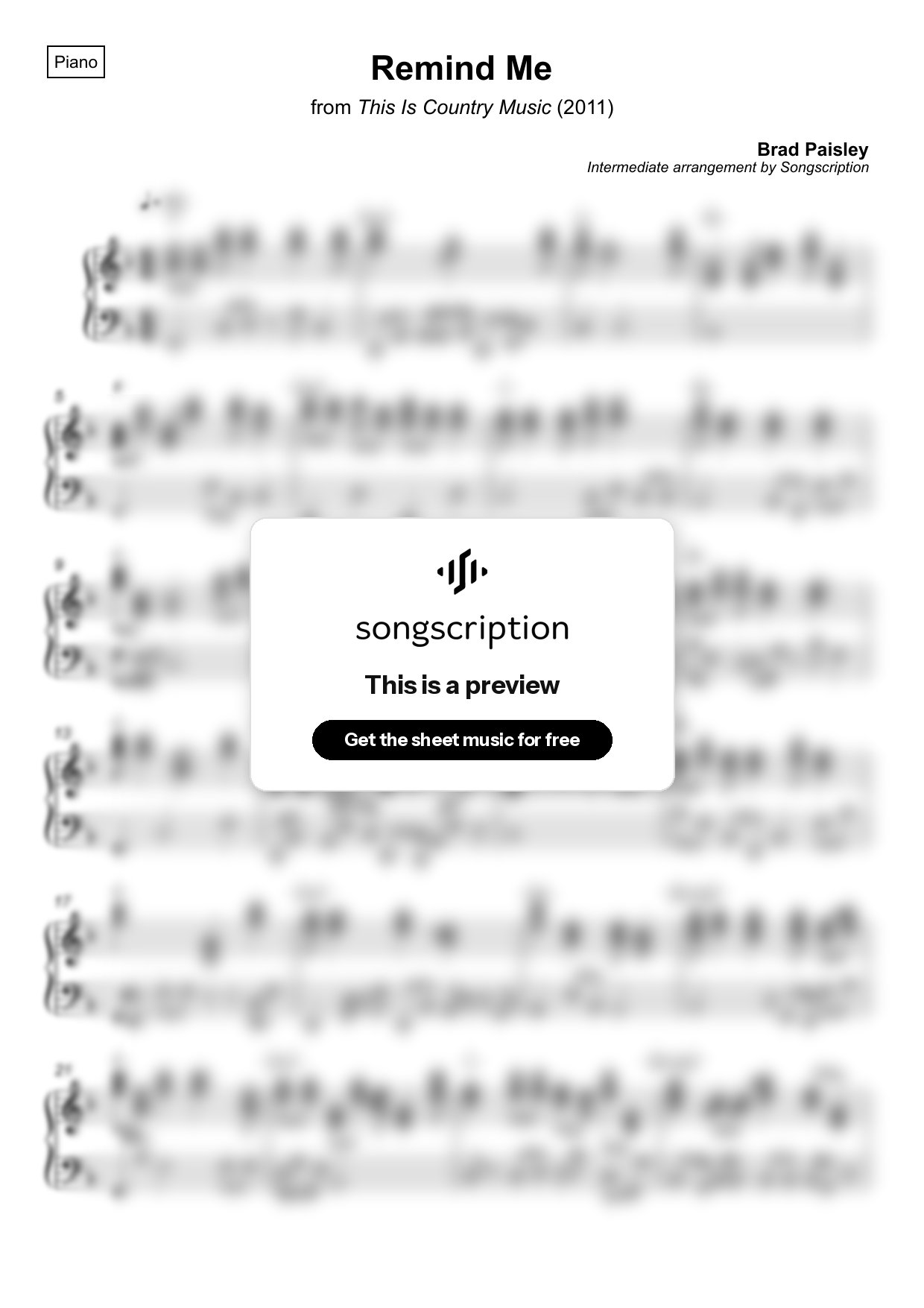 Intermediate Piano Sheet Music for "Remind Me" by Brad Paisley
