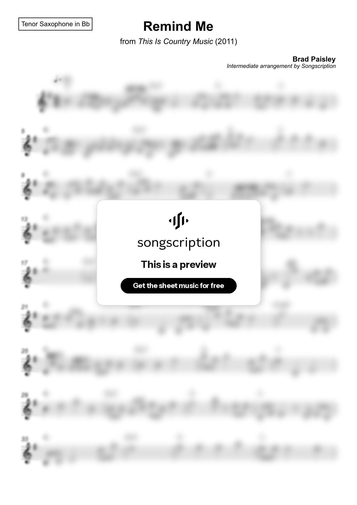 Intermediate Tenor Sax Sheet Music for "Remind Me" by Brad Paisley