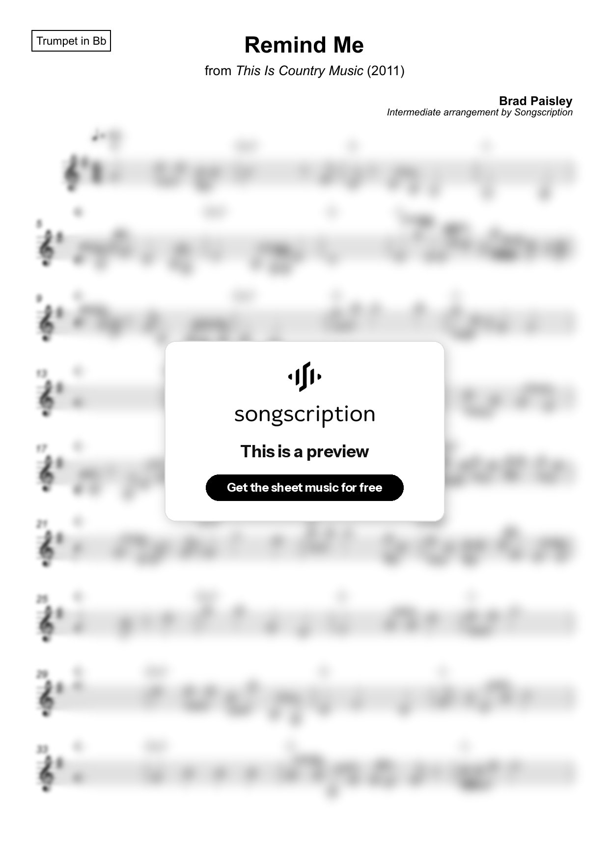 Intermediate Trumpet Sheet Music for "Remind Me" by Brad Paisley
