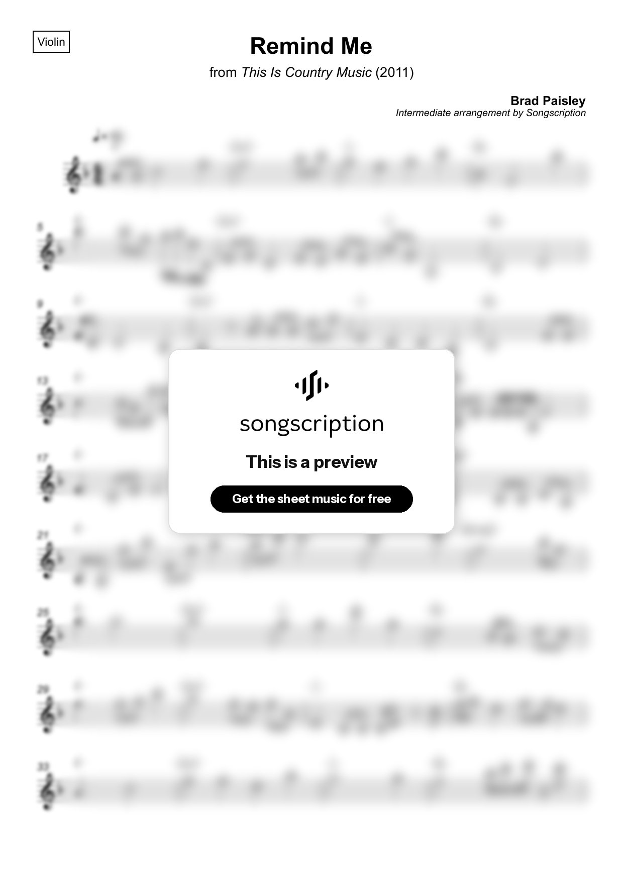 Intermediate Violin Sheet Music for "Remind Me" by Brad Paisley