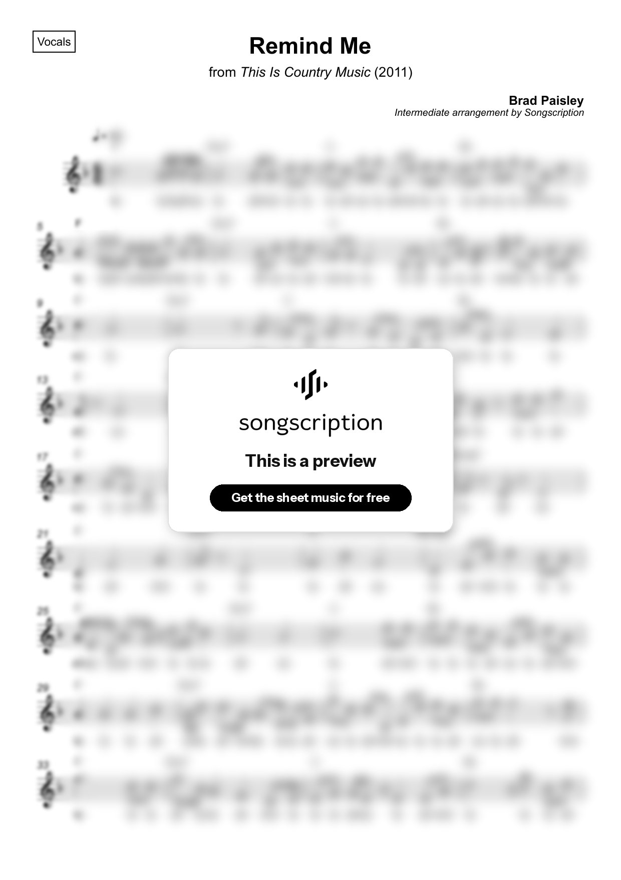 Intermediate Vocals Sheet Music for "Remind Me" by Brad Paisley
