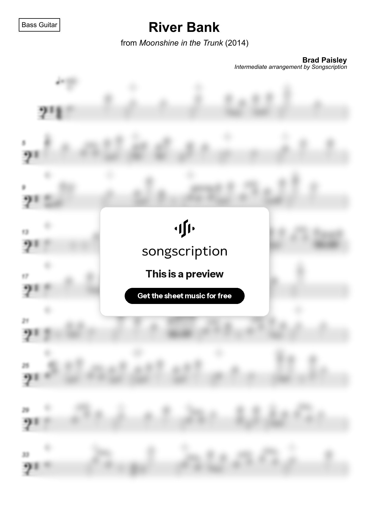 Intermediate Bass Guitar Sheet Music for "River Bank" by Brad Paisley