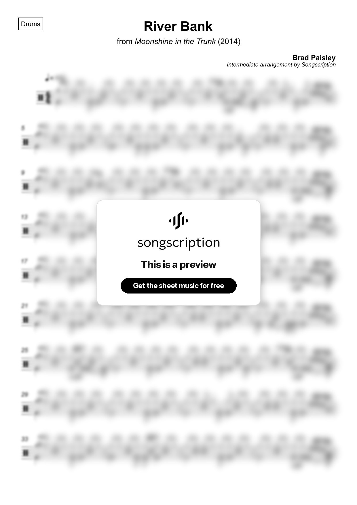 Intermediate Drums Sheet Music for "River Bank" by Brad Paisley