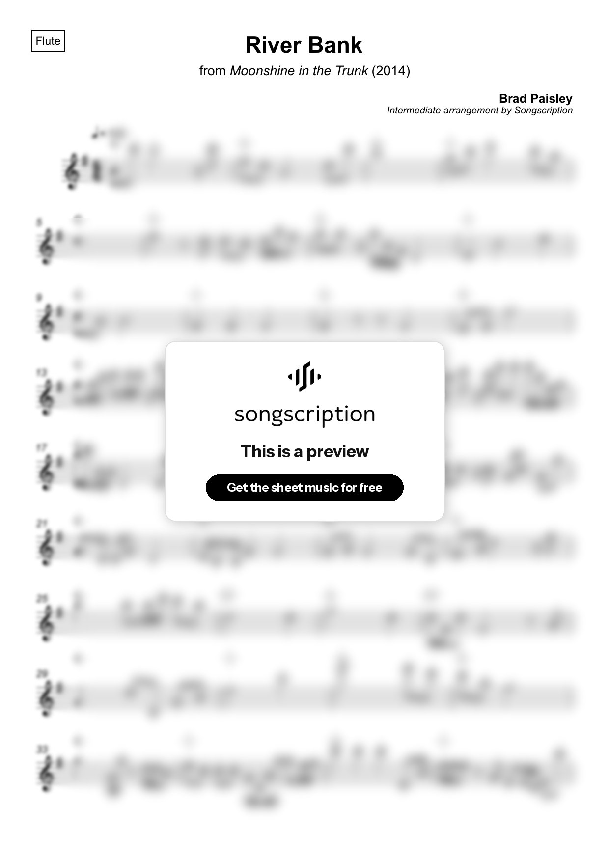 Intermediate Flute Sheet Music for "River Bank" by Brad Paisley