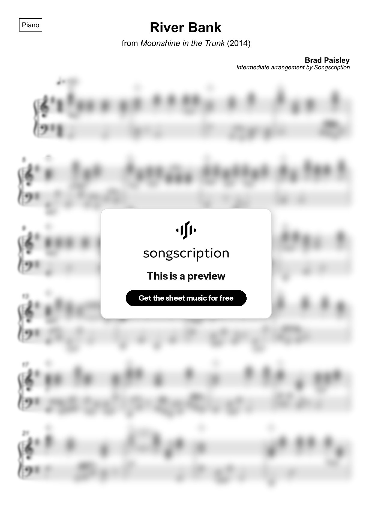Intermediate Piano Sheet Music for "River Bank" by Brad Paisley