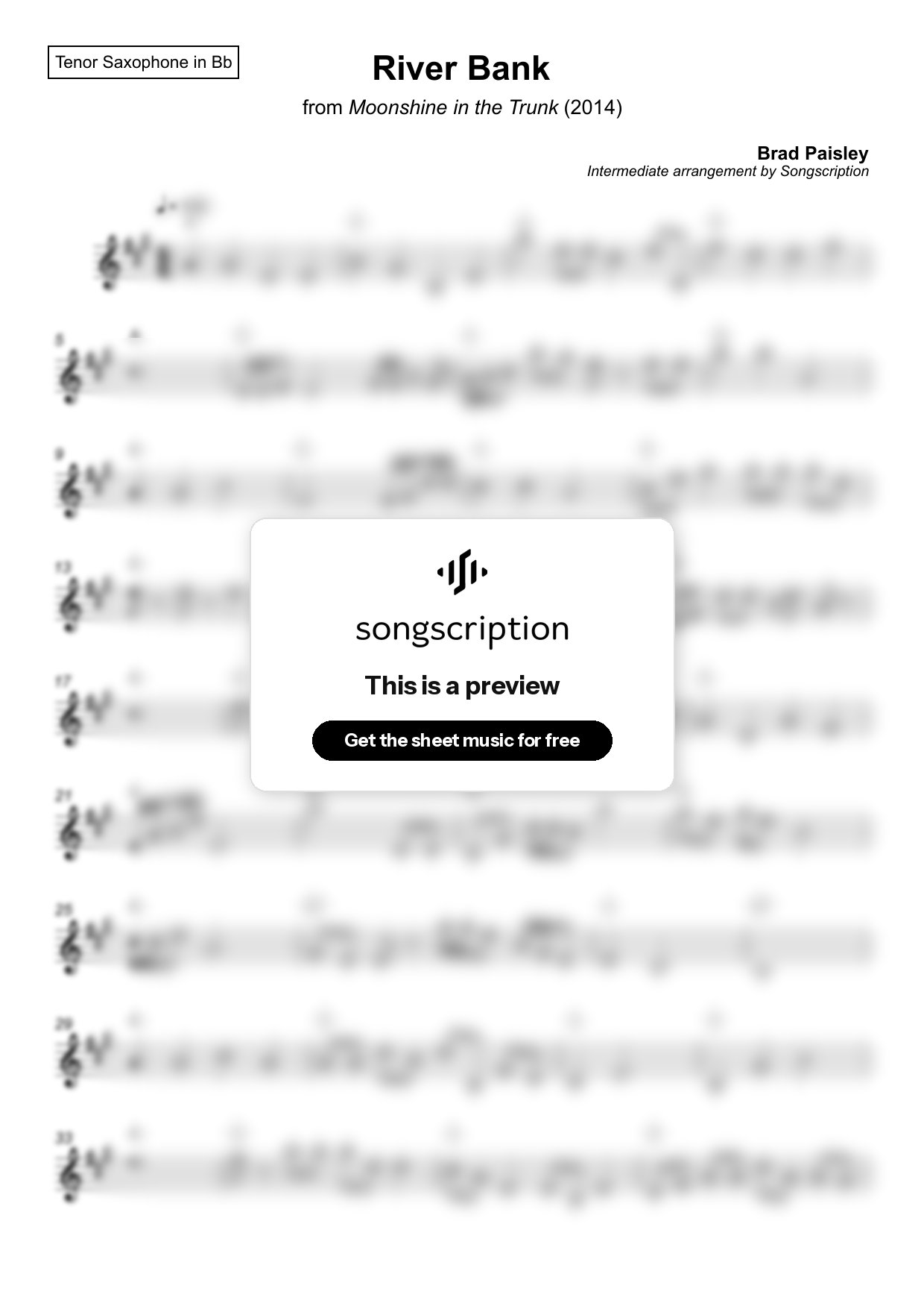 Intermediate Tenor Sax Sheet Music for "River Bank" by Brad Paisley