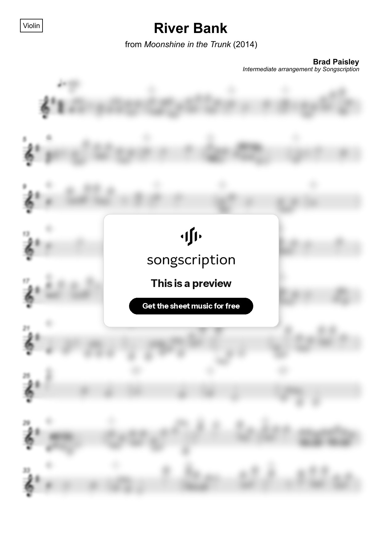 Intermediate Violin Sheet Music for "River Bank" by Brad Paisley