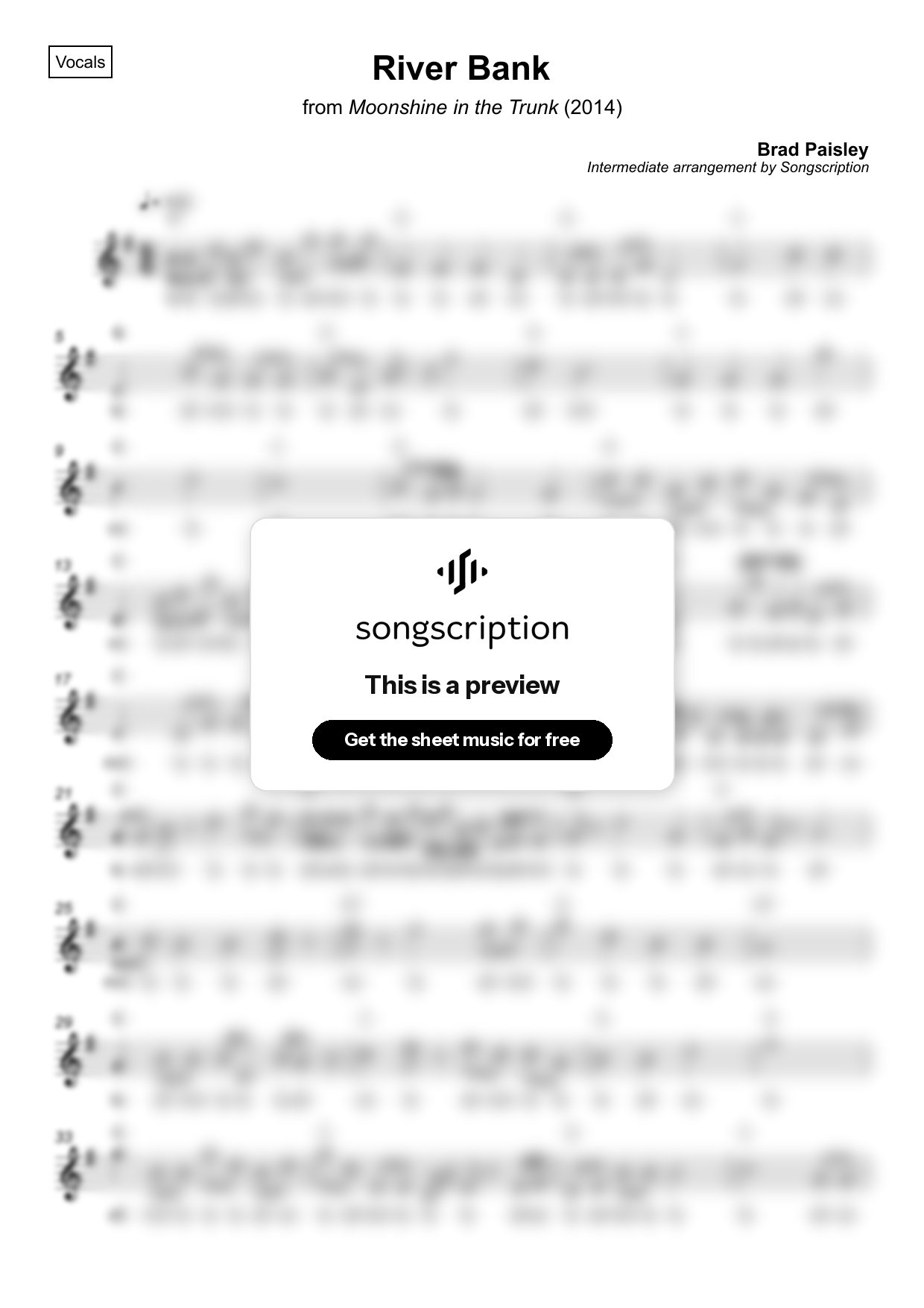 Intermediate Vocals Sheet Music for "River Bank" by Brad Paisley