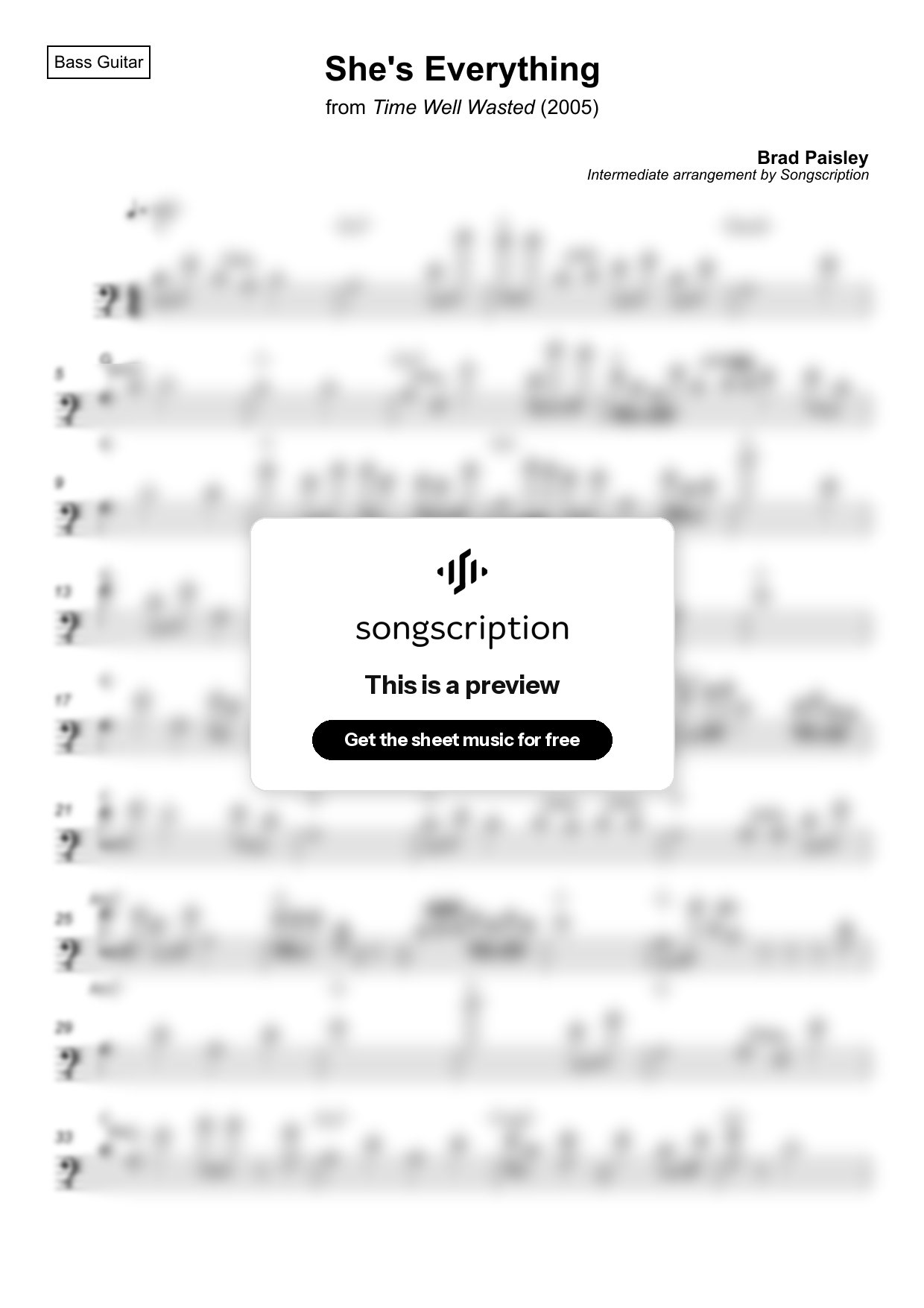 Intermediate Bass Guitar Sheet Music for "She's Everything" by Brad Paisley