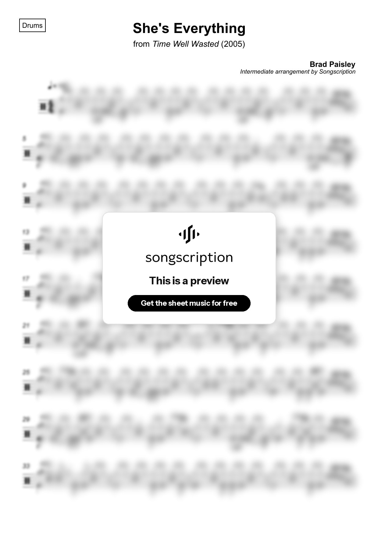 Intermediate Drums Sheet Music for "She's Everything" by Brad Paisley