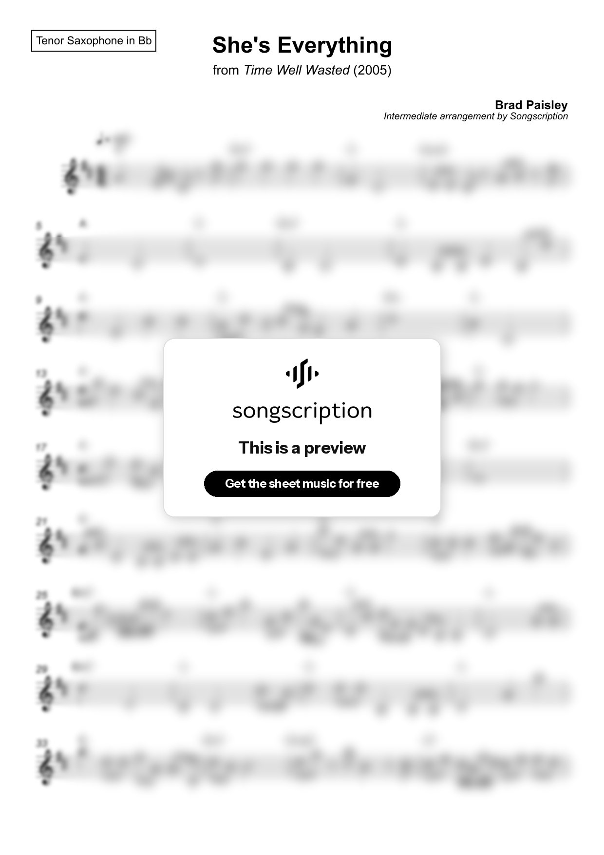Intermediate Tenor Sax Sheet Music for "She's Everything" by Brad Paisley