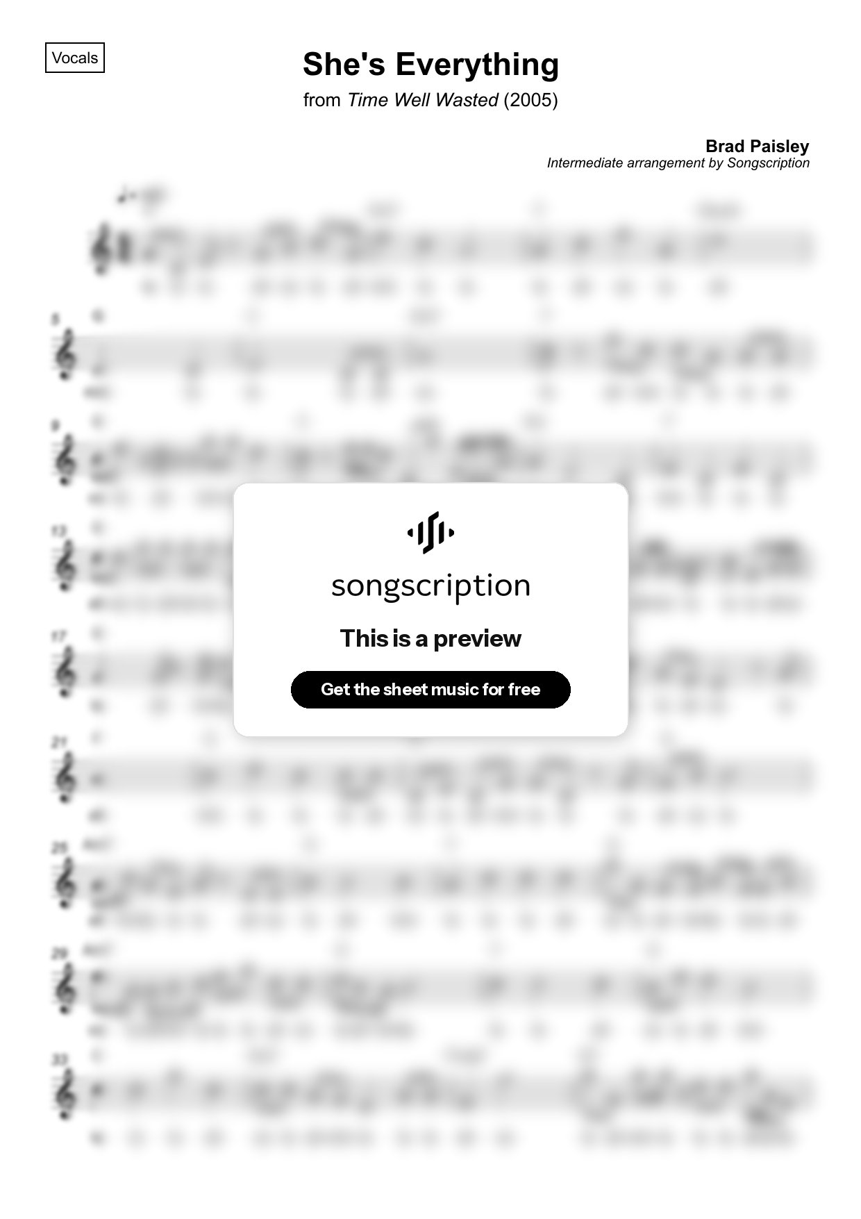 Intermediate Vocals Sheet Music for "She's Everything" by Brad Paisley