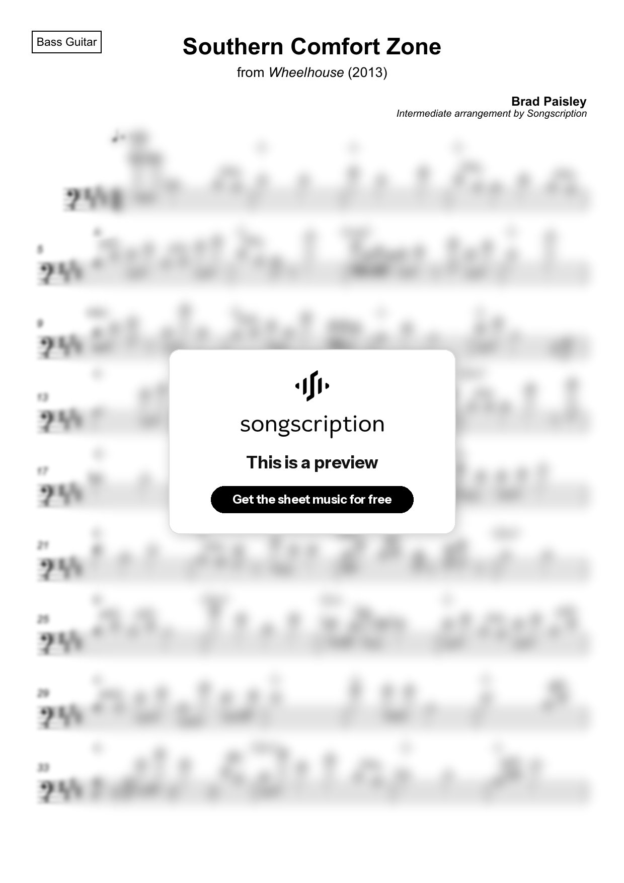Intermediate Bass Guitar Sheet Music for "Southern Comfort Zone" by Brad Paisley