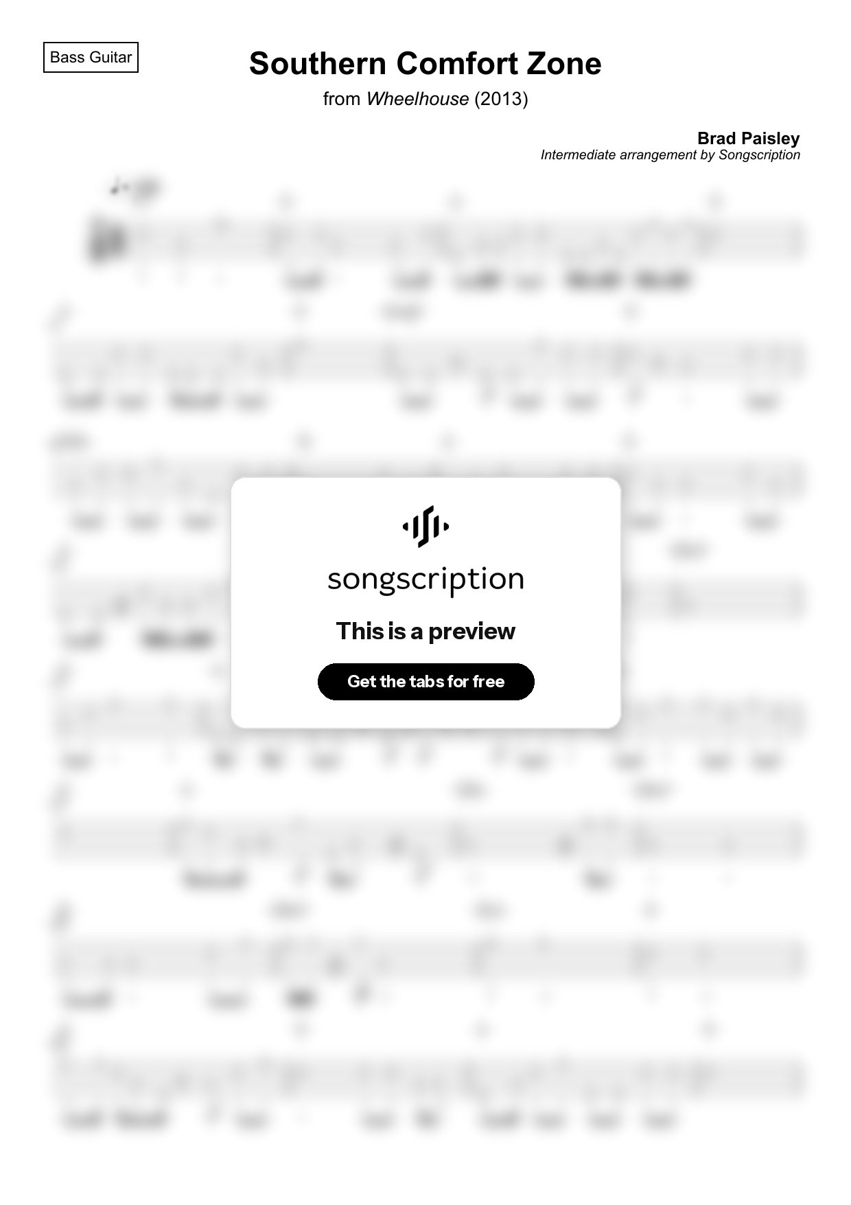 Intermediate Bass Guitar Tabs for "Southern Comfort Zone" by Brad Paisley