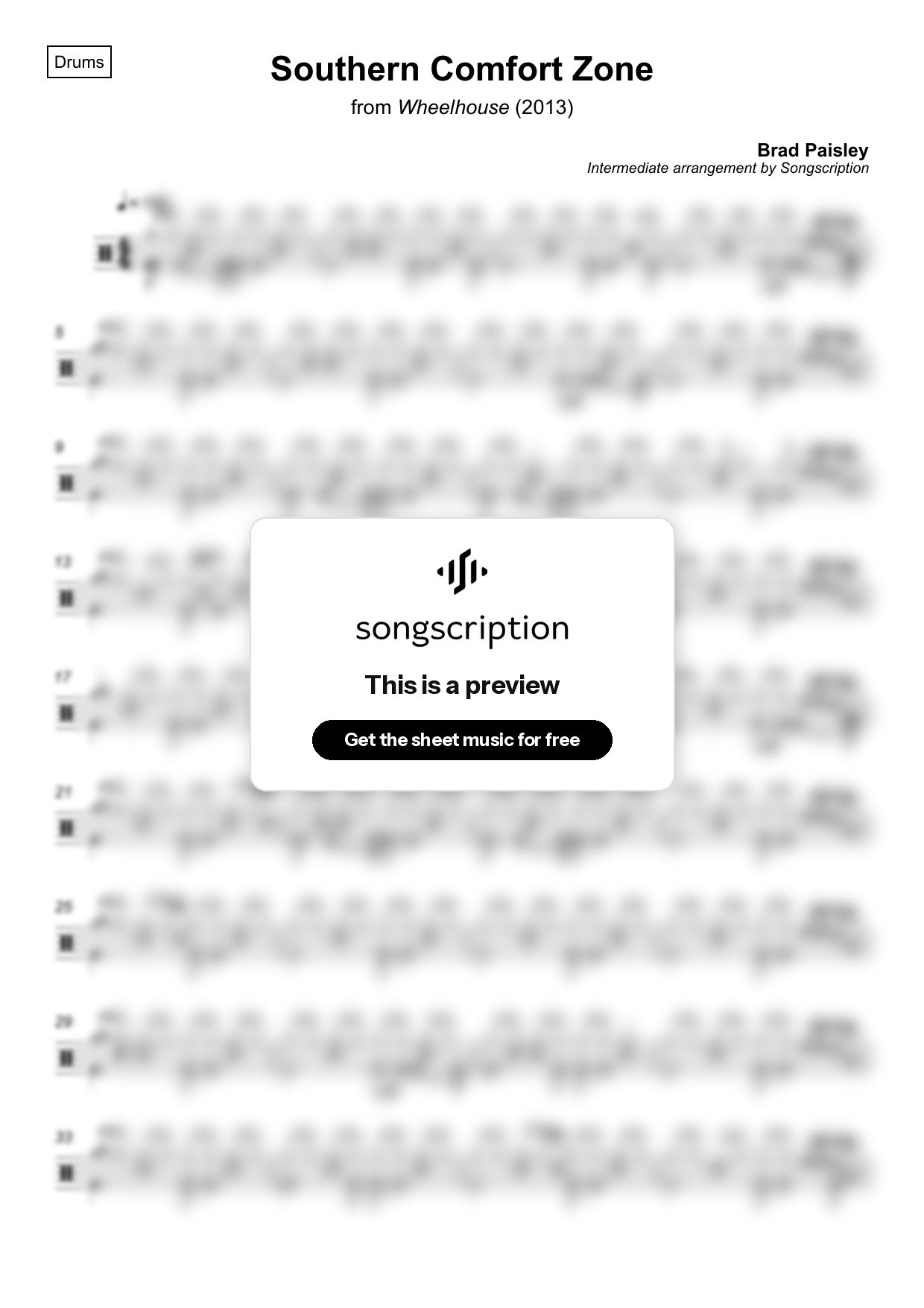 Intermediate Drums Sheet Music for "Southern Comfort Zone" by Brad Paisley