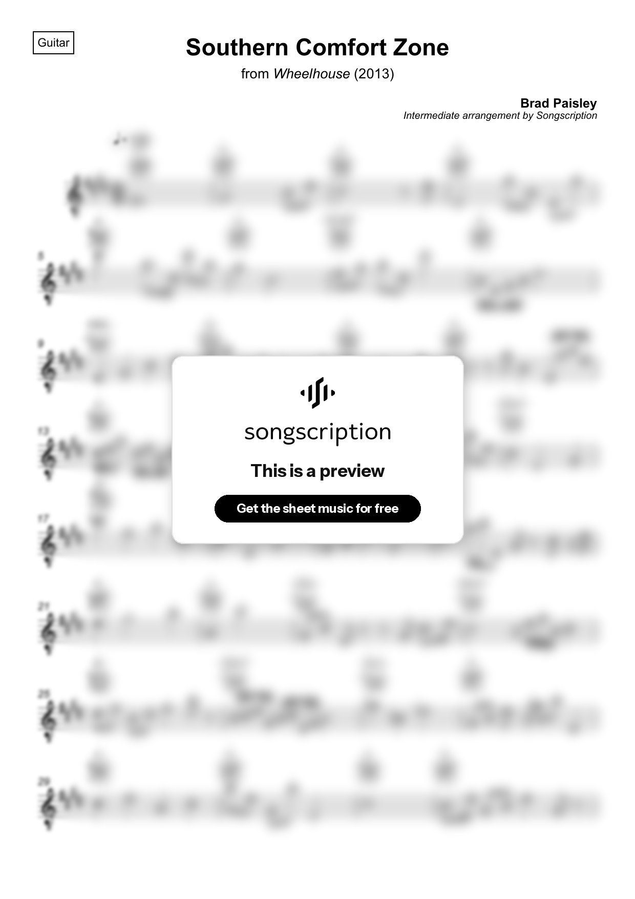 Intermediate Acoustic Guitar Sheet Music for "Southern Comfort Zone" by Brad Paisley