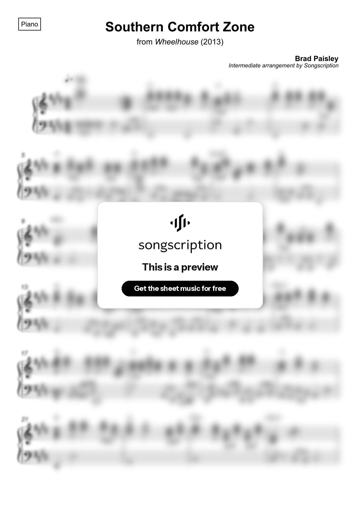 Intermediate Piano Sheet Music for "Southern Comfort Zone" by Brad Paisley