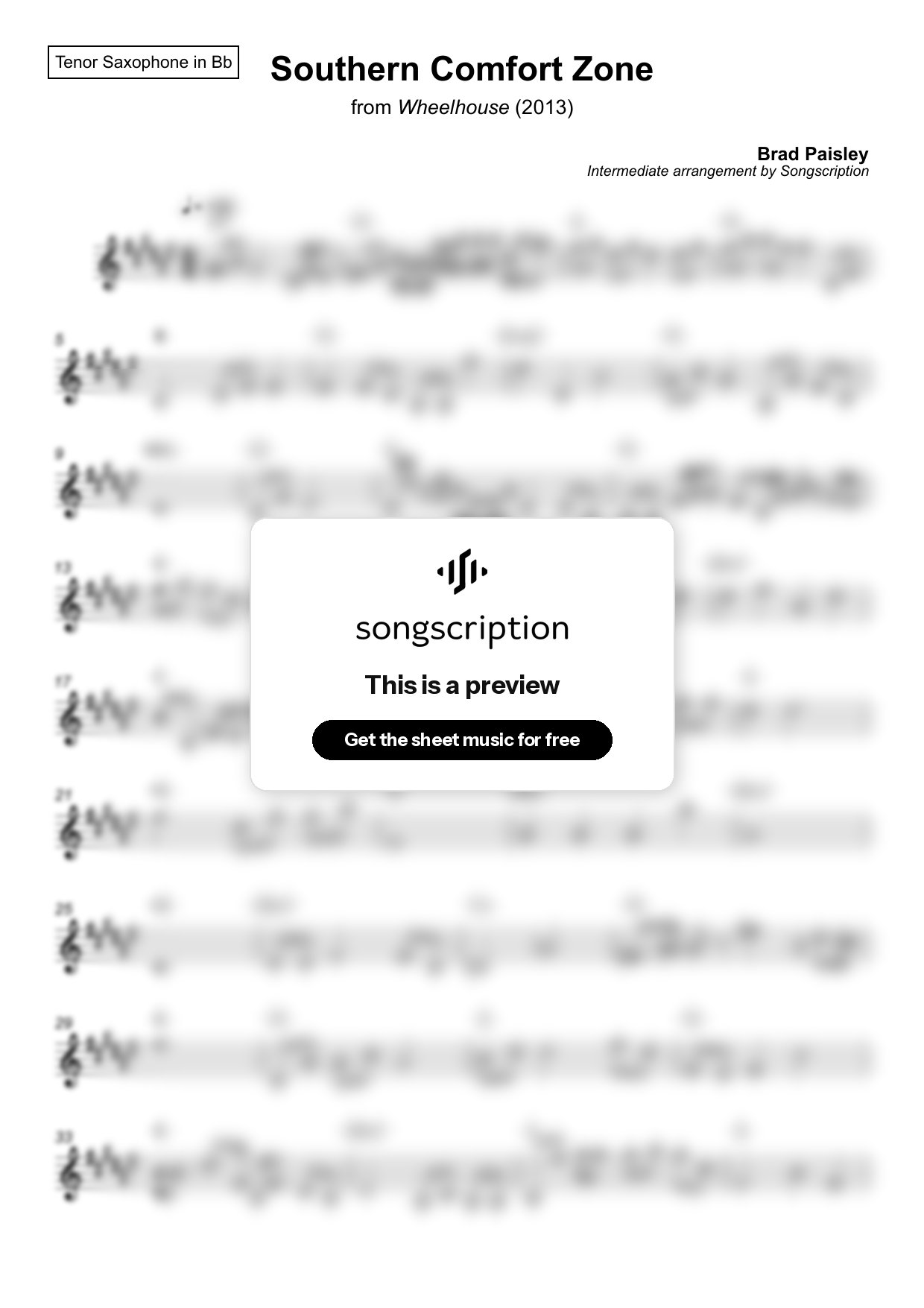 Intermediate Tenor Sax Sheet Music for "Southern Comfort Zone" by Brad Paisley