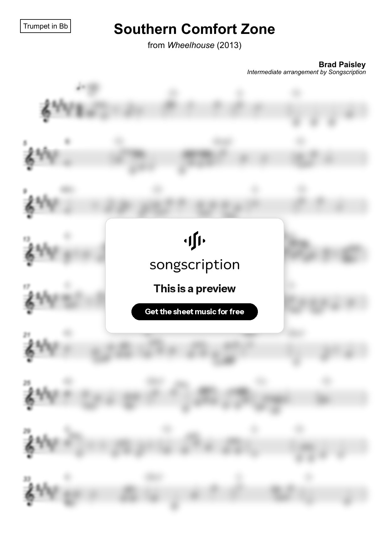 Intermediate Trumpet Sheet Music for "Southern Comfort Zone" by Brad Paisley