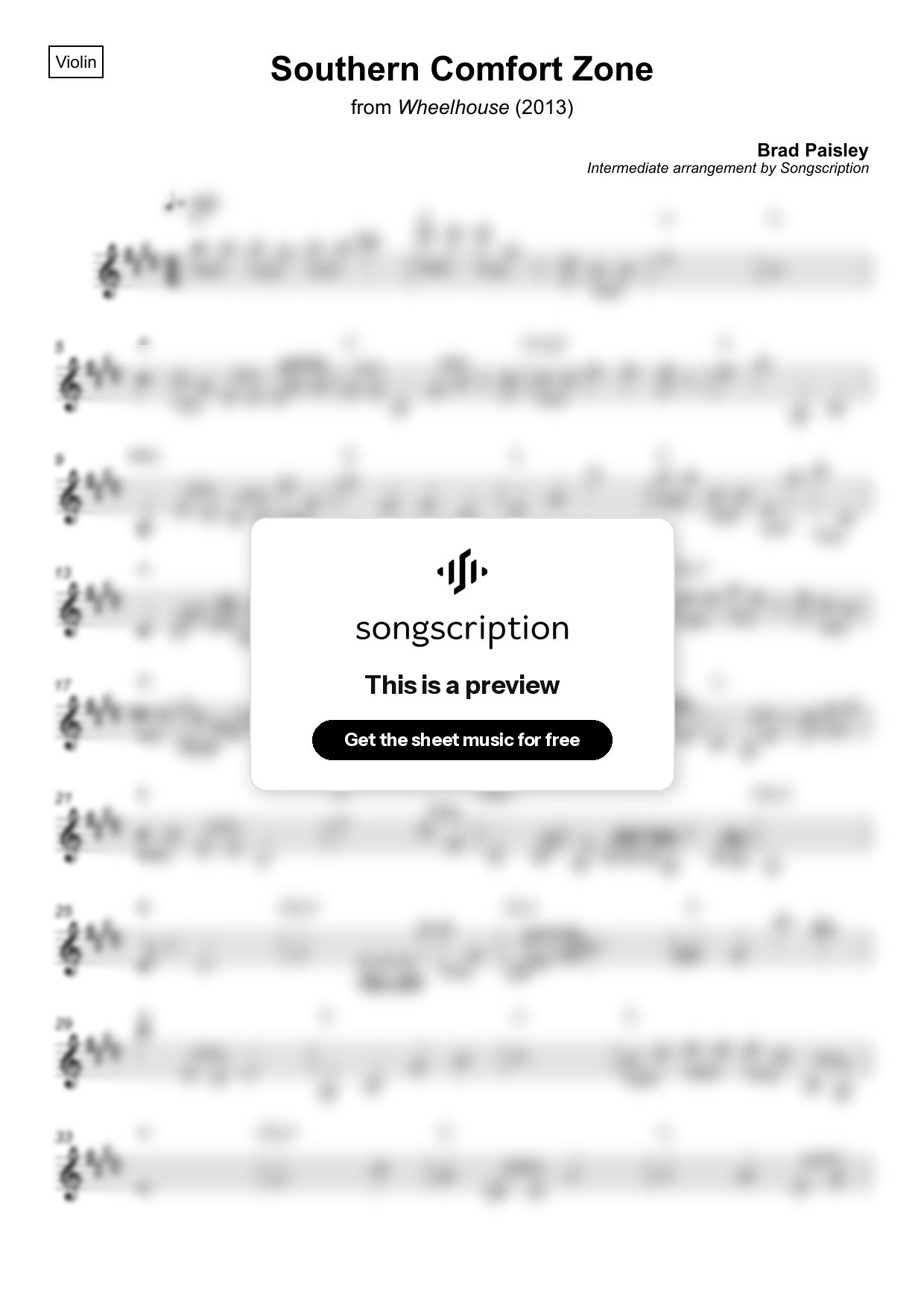 Intermediate Violin Sheet Music for "Southern Comfort Zone" by Brad Paisley