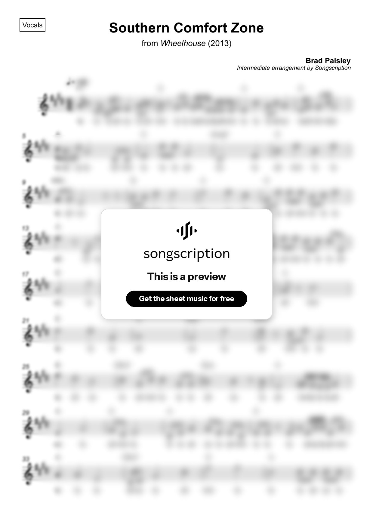 Intermediate Vocals Sheet Music for "Southern Comfort Zone" by Brad Paisley