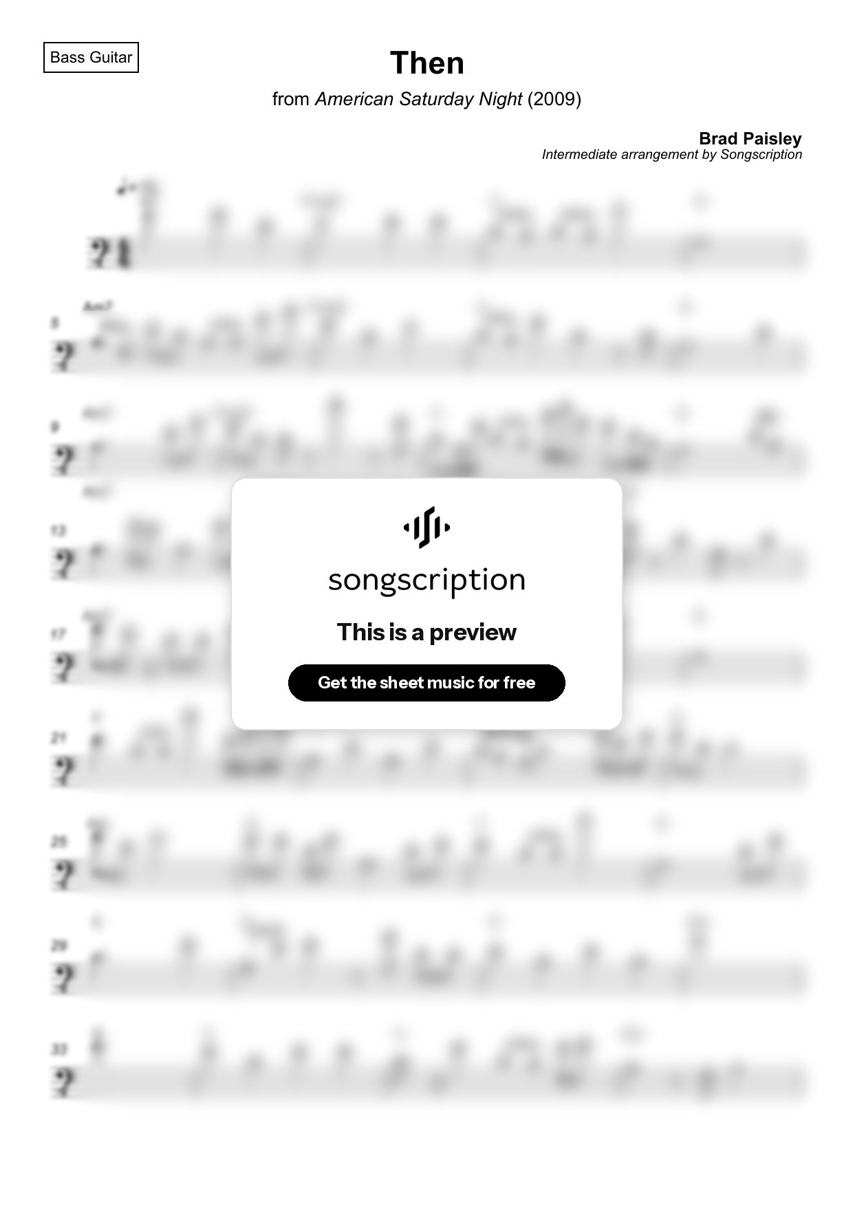 Intermediate Bass Guitar Sheet Music for "Then" by Brad Paisley